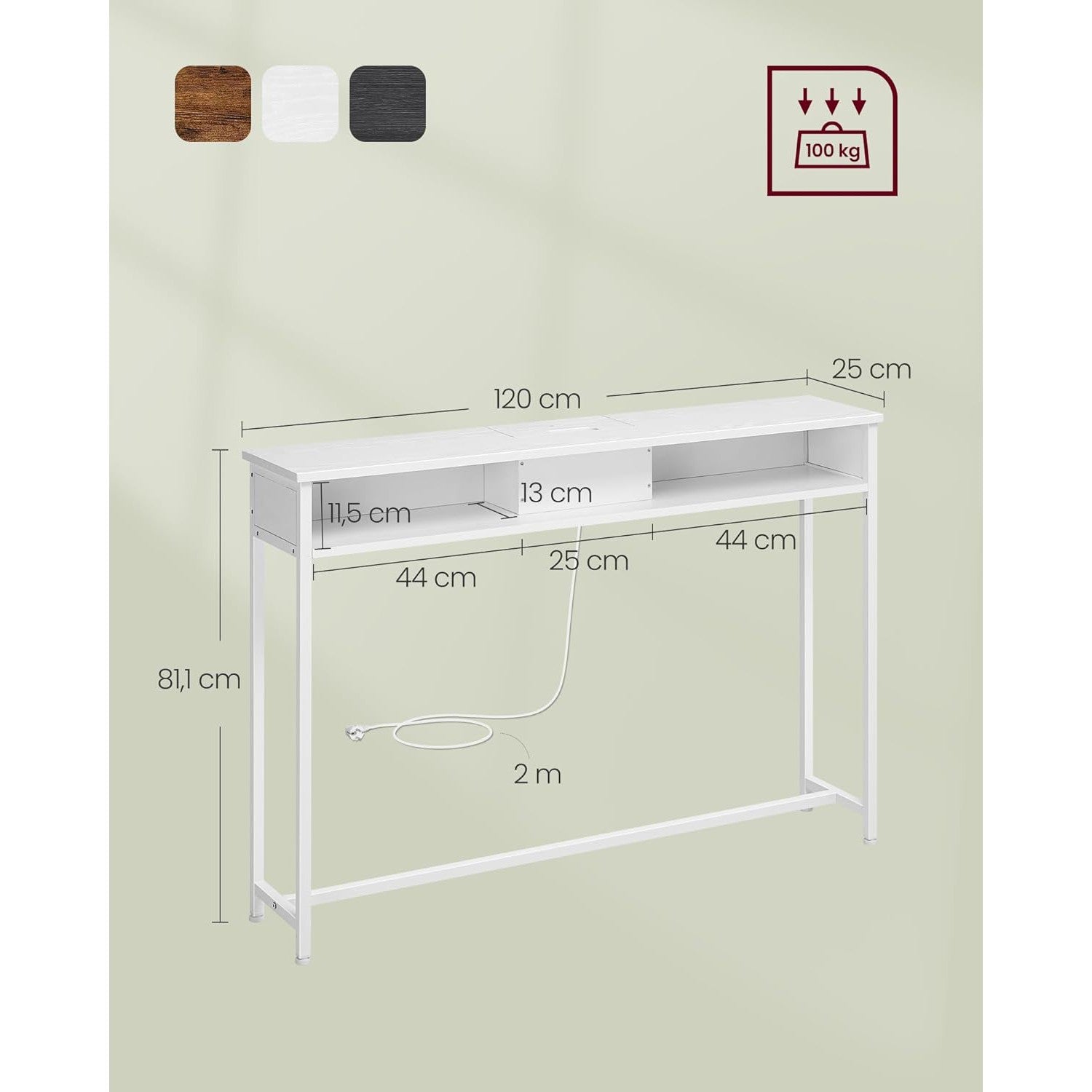 Konzolni stolić s utičnicama i 2 pretinca, 25 x 120 x 81 cm, bijele boje | VASAGLE-vitahome.hr