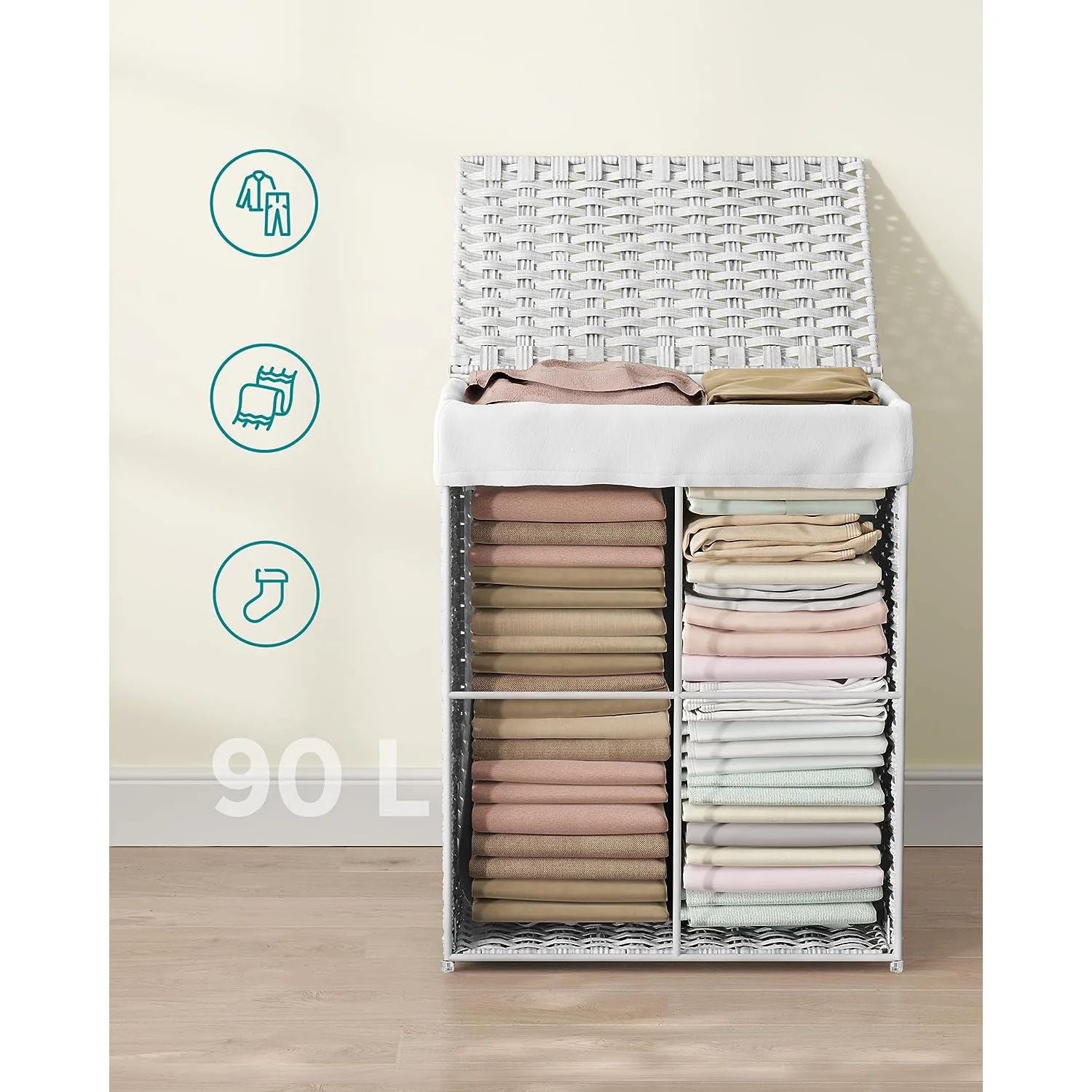 Košara za prljavu odjeću od bambusa, 90 litara, 46 x 33 x 60 cm, bijela | SONGMICS-vitahome.hr