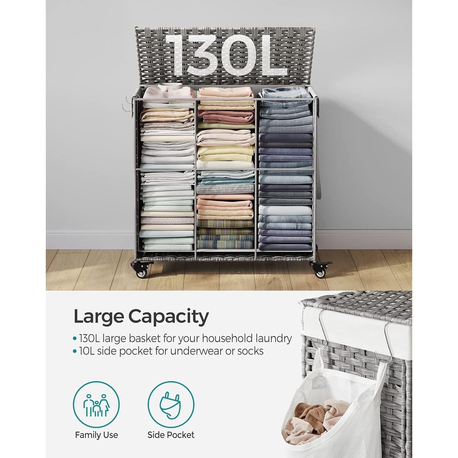 Košara za rublje, 140L , ručno tkana košara za rublje 66 x 60 x 30 cm, siva | SONGMICS-vitahome.hr