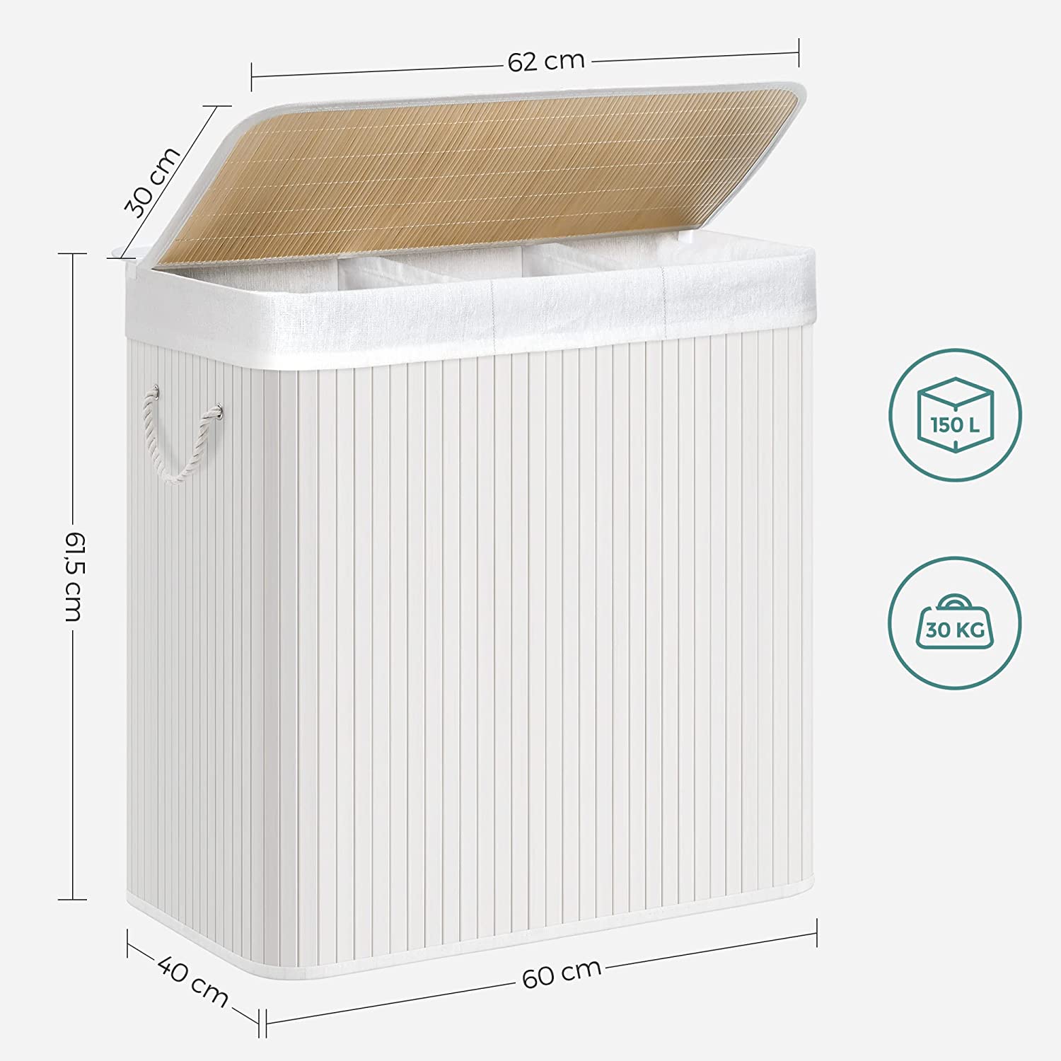 Košara za rublje 150L, 60 x 61,5 x 40 cm, bijela | SONGMICS-vitahome.hr