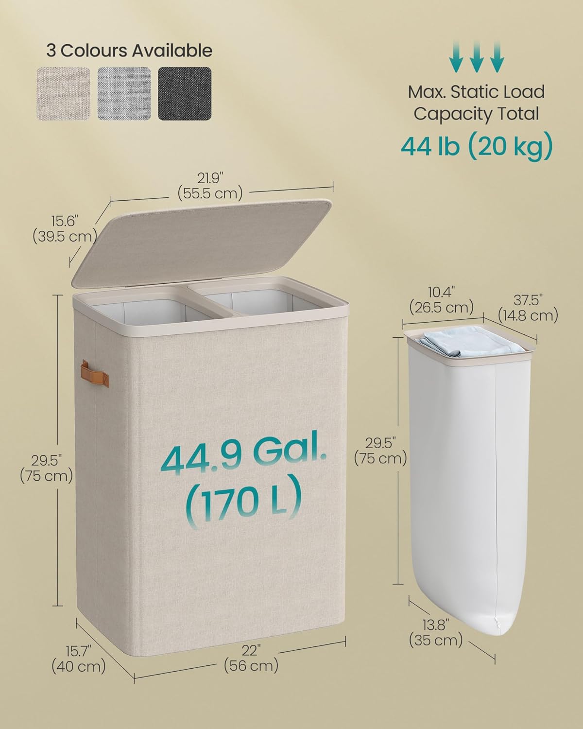 Košara za rublje 170 l, 6 x 40 x 75 cm, bež