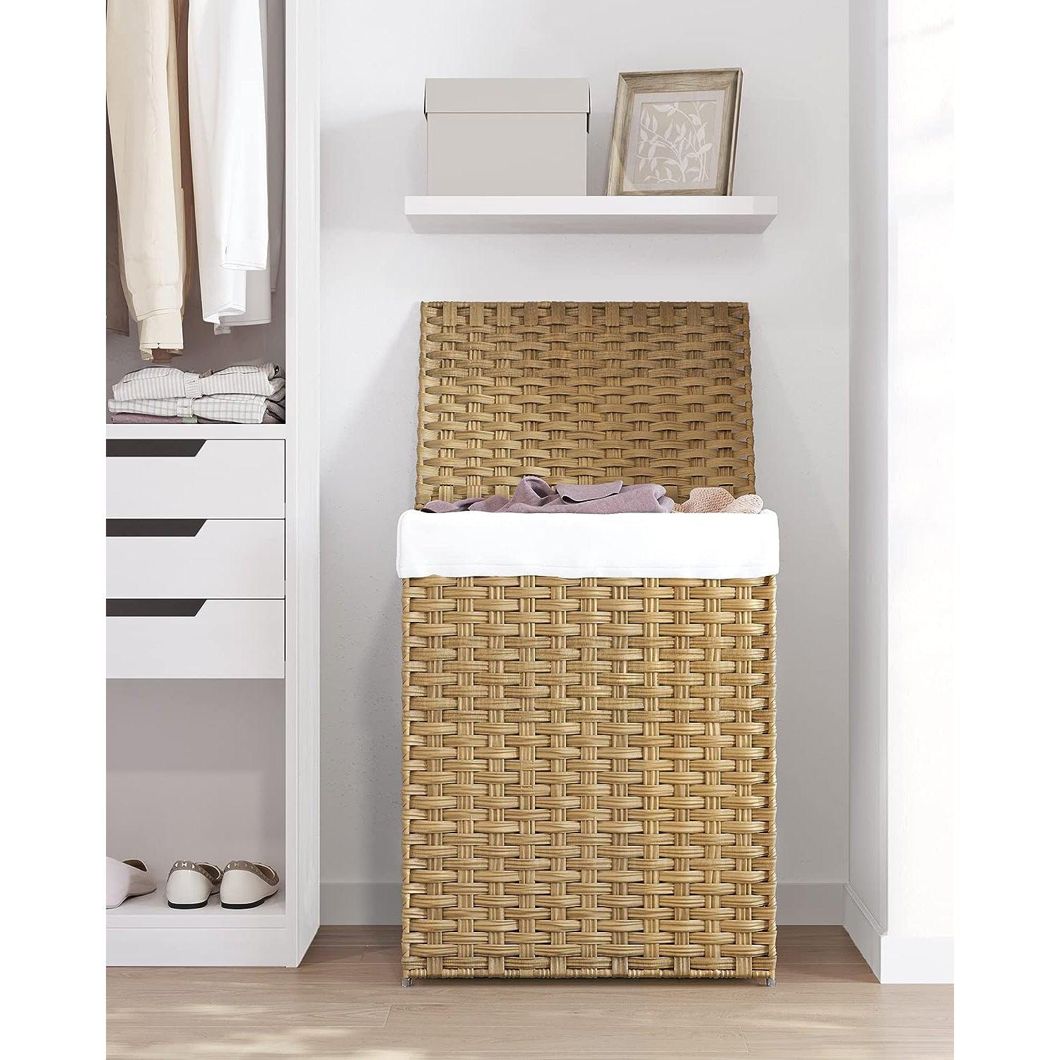 Košara za rublje, 90 litara, sintetička trska, košara za rublje s poklopcem i ručkom | SONGMICS-vitahome.hr