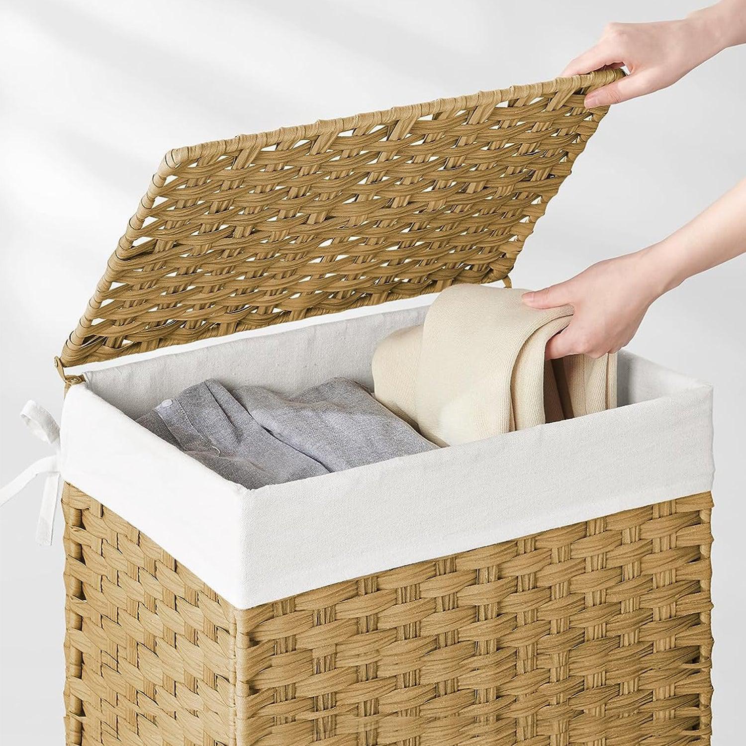 Košara za rublje, 90 litara, sintetička trska, košara za rublje s poklopcem i ručkom | SONGMICS-vitahome.hr