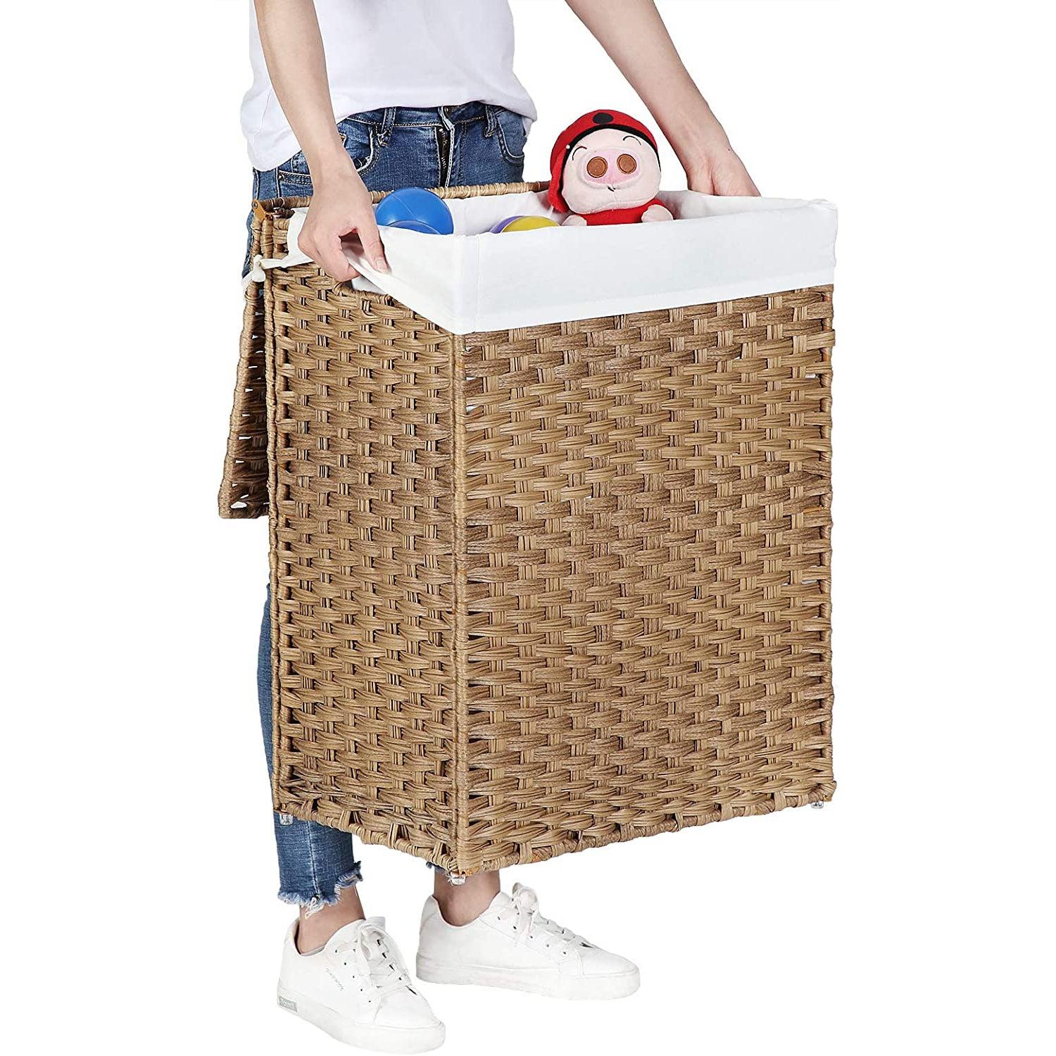 Košara za rublje, 90 litara, sintetička trska, košara za rublje s poklopcem i ručkom | SONGMICS-vitahome.hr