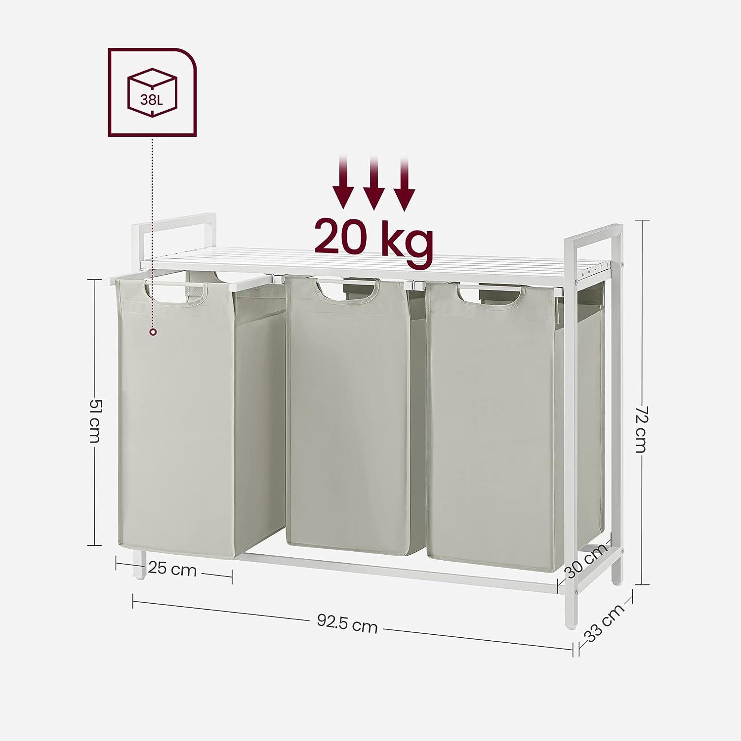 Košara za rublje, držač za rublje s 3 odjeljka i metalnim okvirom, bijela | Vasagle-vitahome.hr