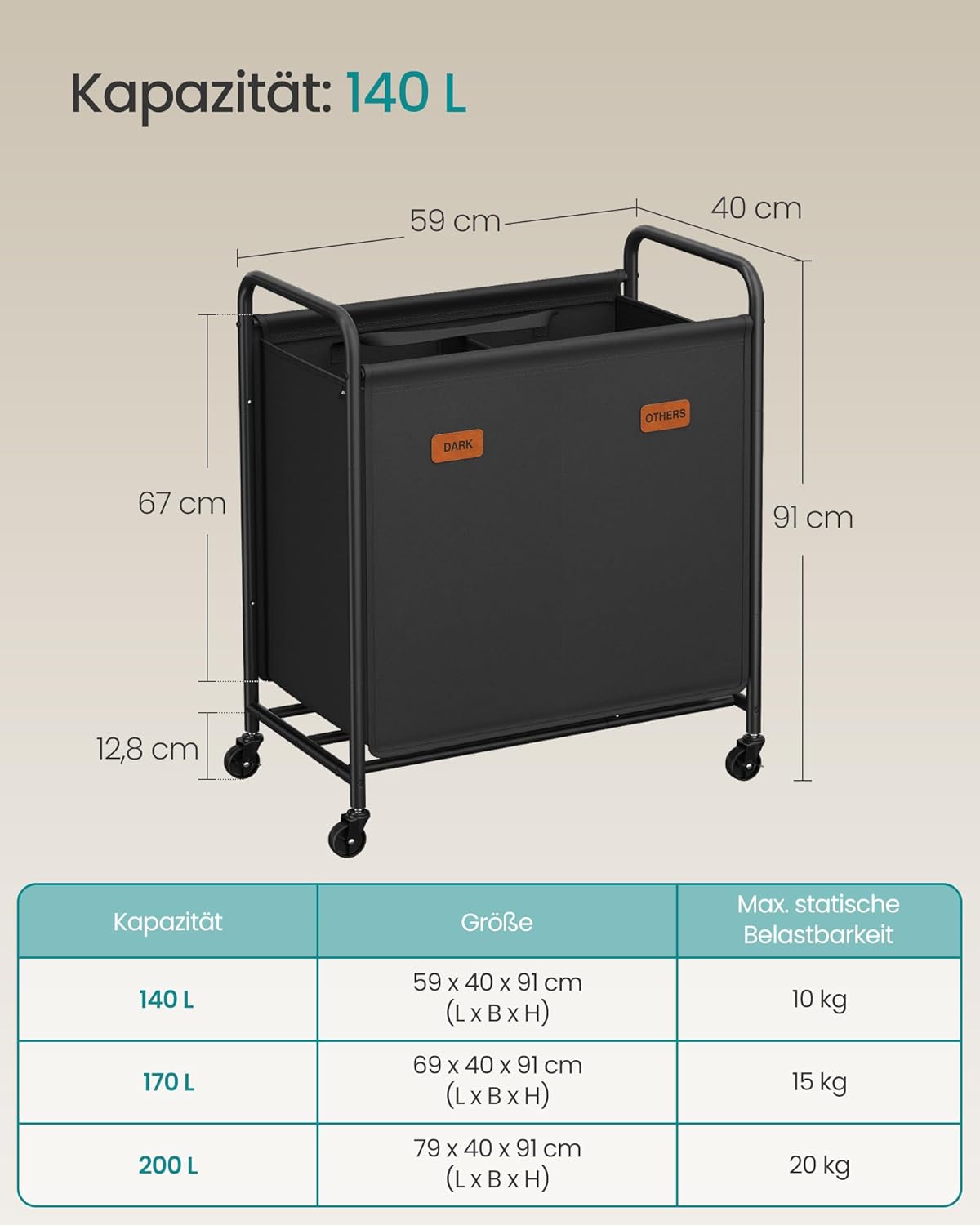 Košara za rublje na kotačima, 2 odjeljka, 140 L, crna