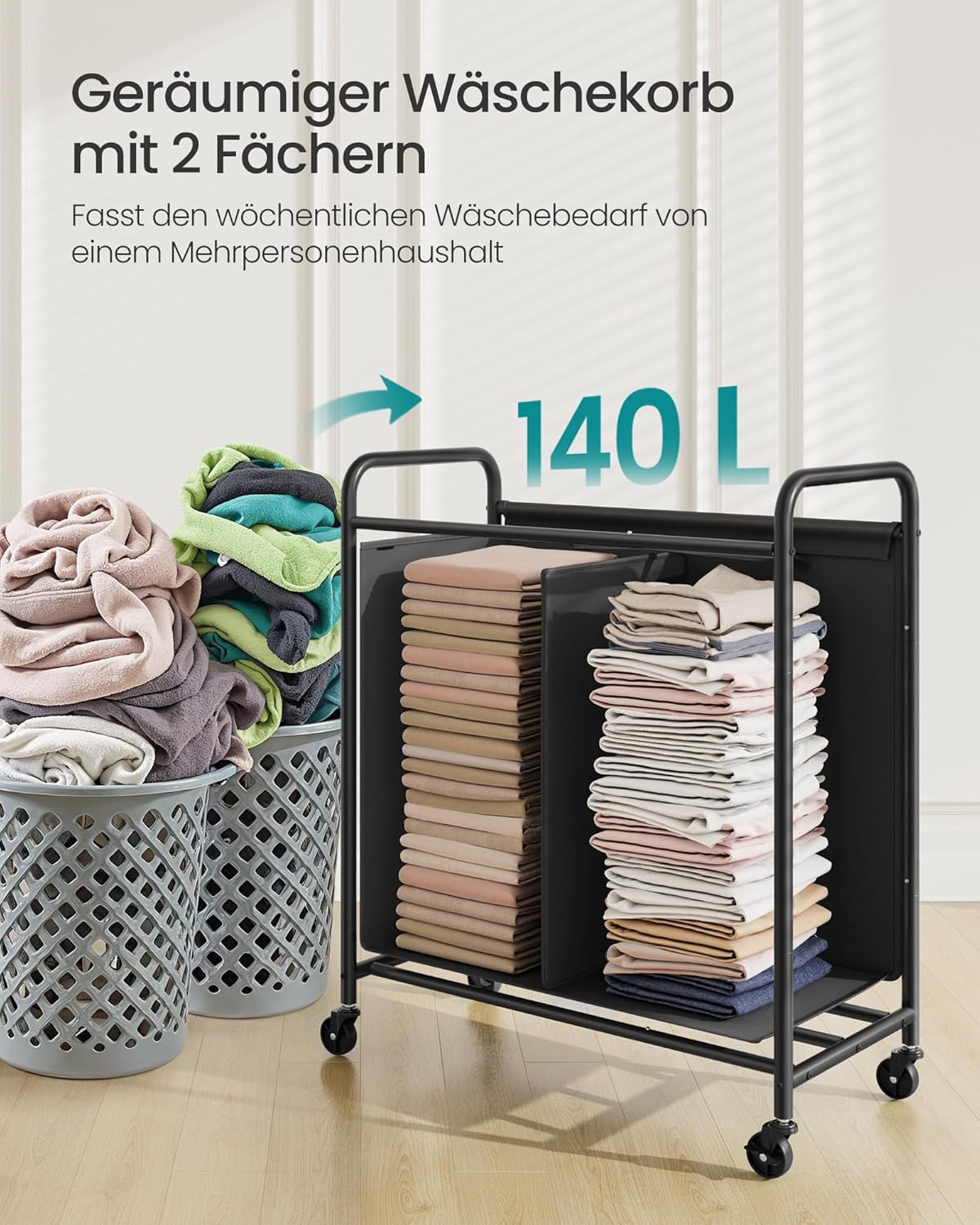Košara za rublje na kotačima, 2 odjeljka, 140 L, crna