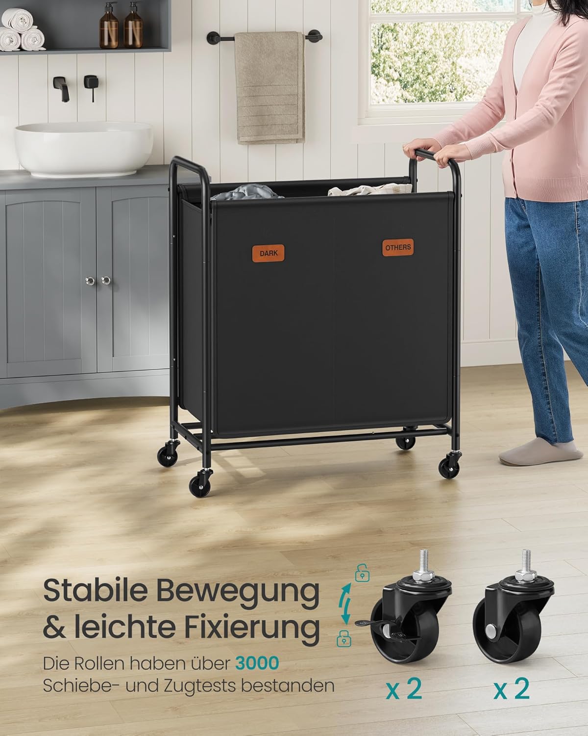 Košara za rublje na kotačima, 2 odjeljka, 140 L, crna