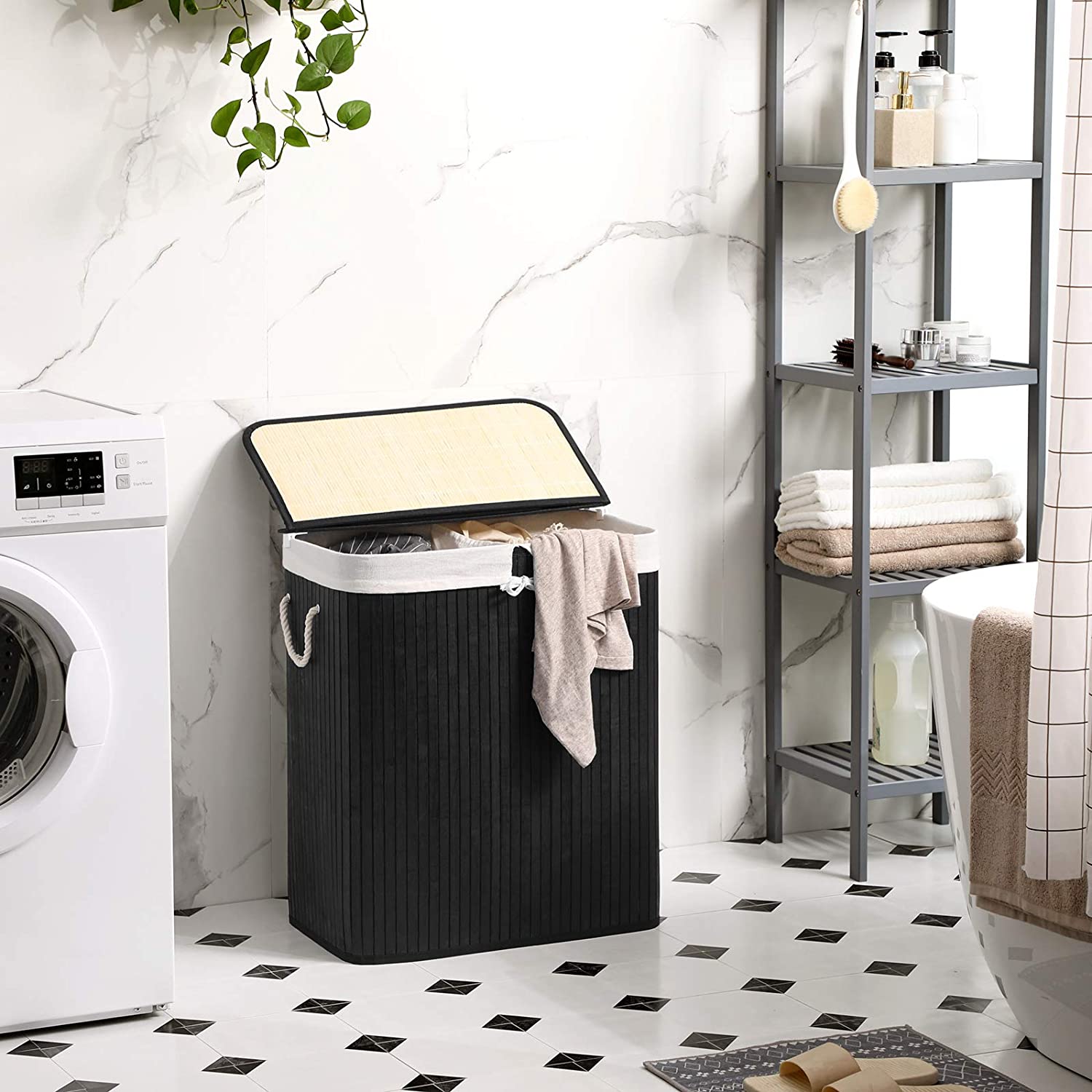 Košara za rublje od bambusa s poklopcem i ručkama, 100 L, crna | SONGMICS-vitahome.hr