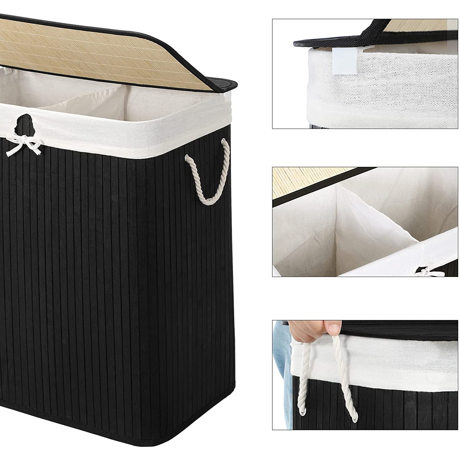 Košara za rublje od bambusa s poklopcem i ručkama, 100 L, crna | SONGMICS-vitahome.hr