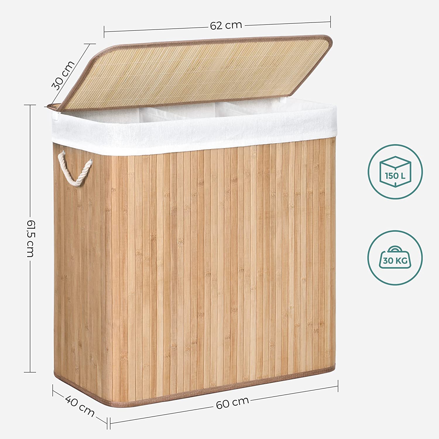 Košara za rublje od bambusa s poklopcem i ručkama, 150 litara | SONGMICS-vitahome.hr