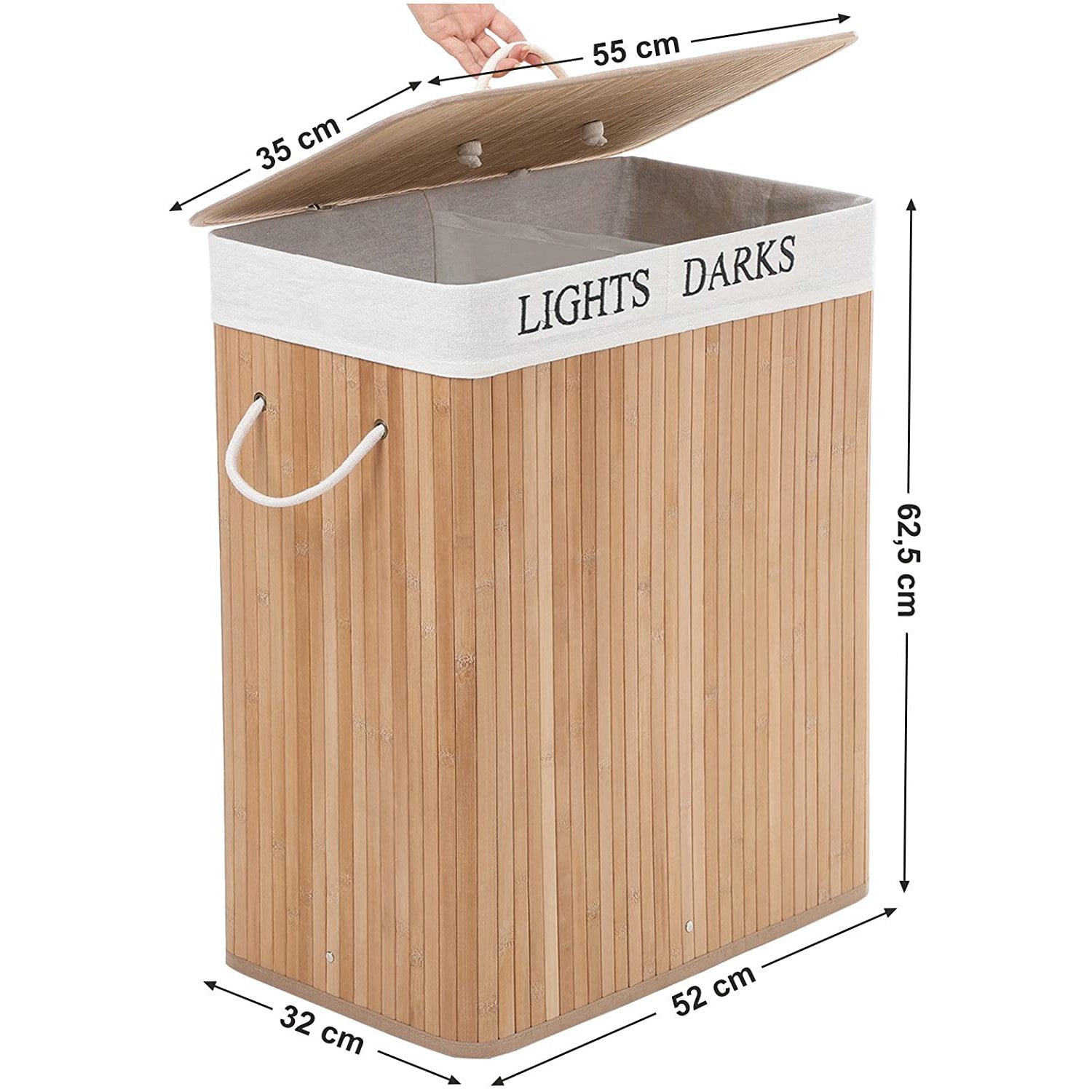 Košara za rublje od bambusa s poklopcem i ruckama, XXL 100L, prirodna | SONGMICS-vitahome.hr