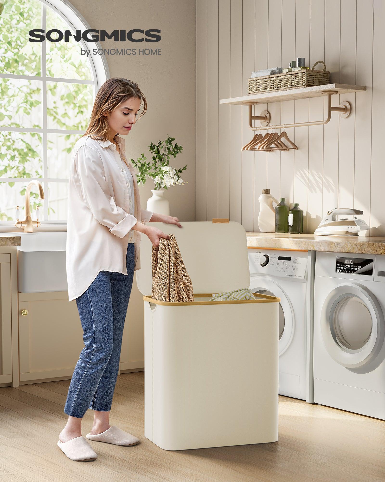 Košara za rublje od Oxford tkanine, 150 L, odvojiva mrežasta vreća, ručka od bambusa, krem-bijela