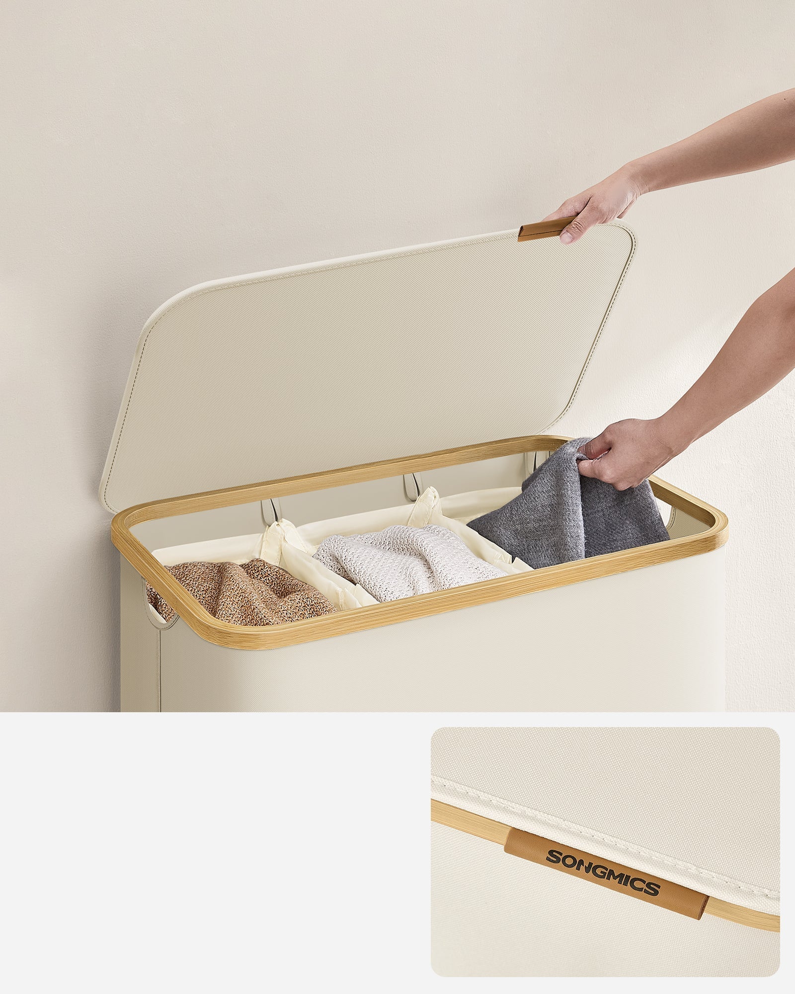 Košara za rublje od Oxford tkanine, 150 L, odvojiva mrežasta vreća, ručka od bambusa, krem-bijela