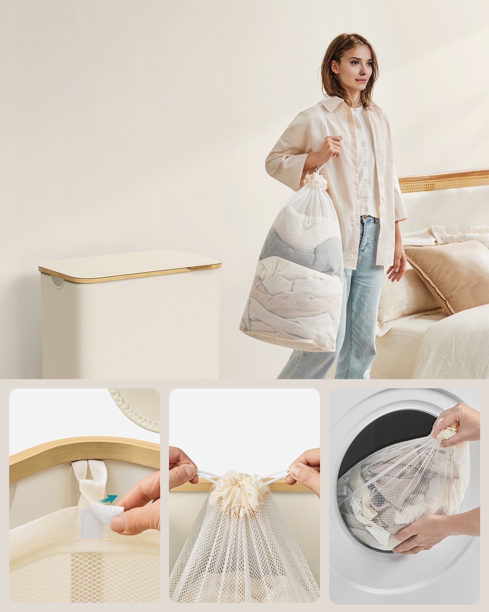 Košara za rublje od Oxford tkanine, 150 L, odvojiva mrežasta vreća, ručka od bambusa, krem-bijela
