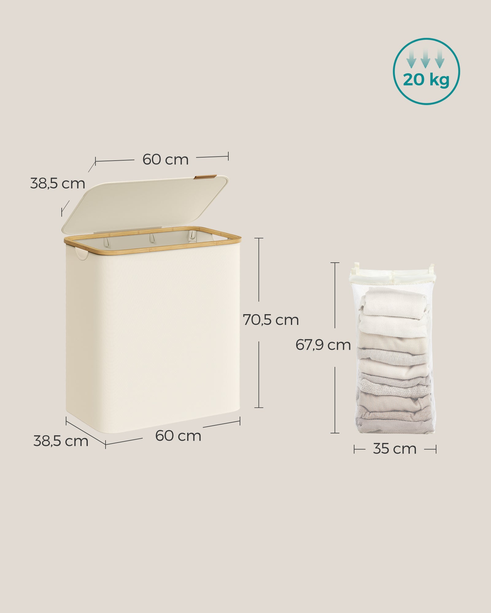 Košara za rublje od Oxford tkanine, 150 L, odvojiva mrežasta vreća, ručka od bambusa, krem-bijela