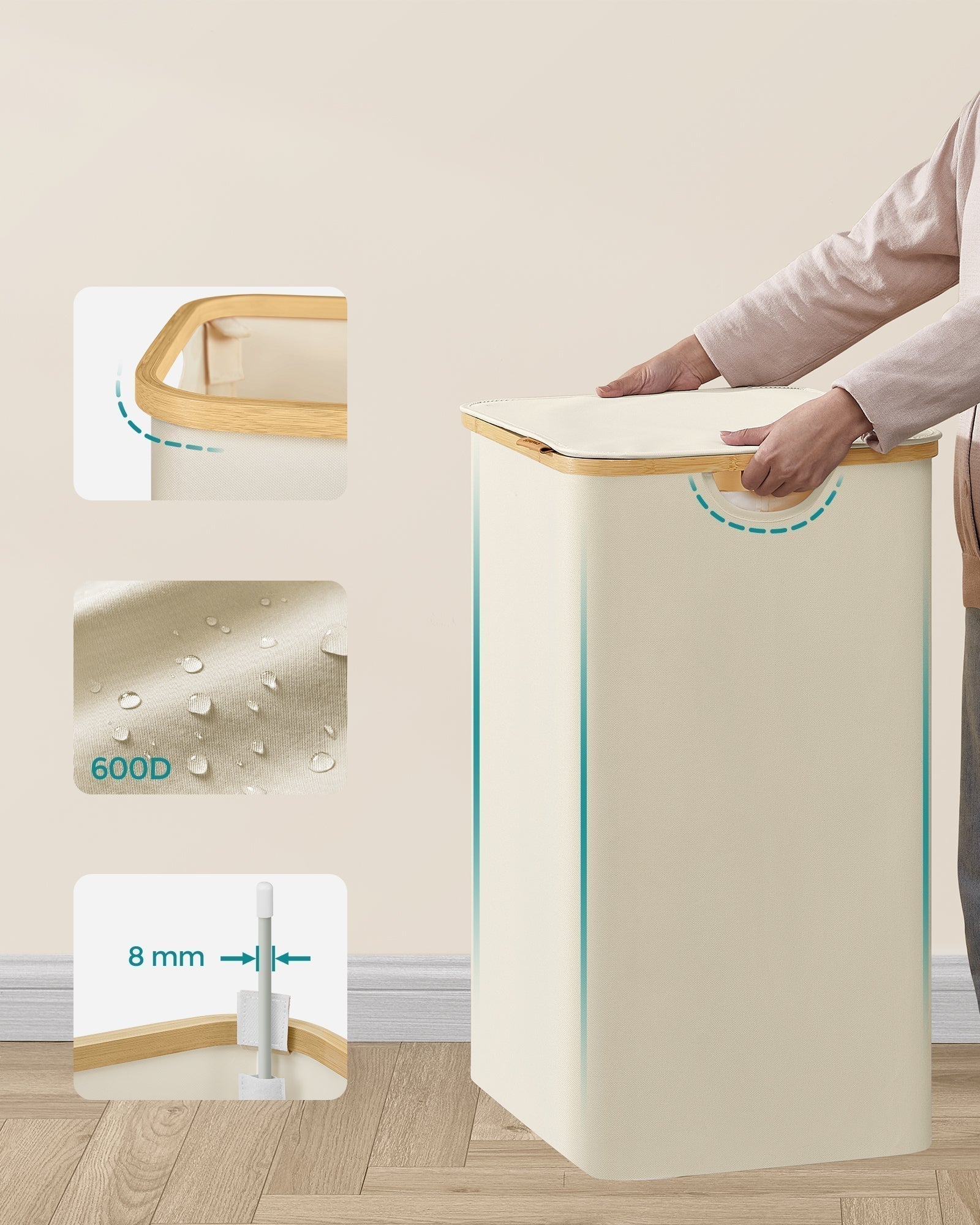 Košara za rublje od Oxford tkanine, 150 L, odvojiva mrežasta vreća, ručka od bambusa, krem-bijela