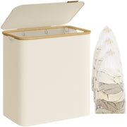 Košara za rublje od Oxford tkanine, 150 L, odvojiva mrežasta vreća, ručka od bambusa, krem-bijela