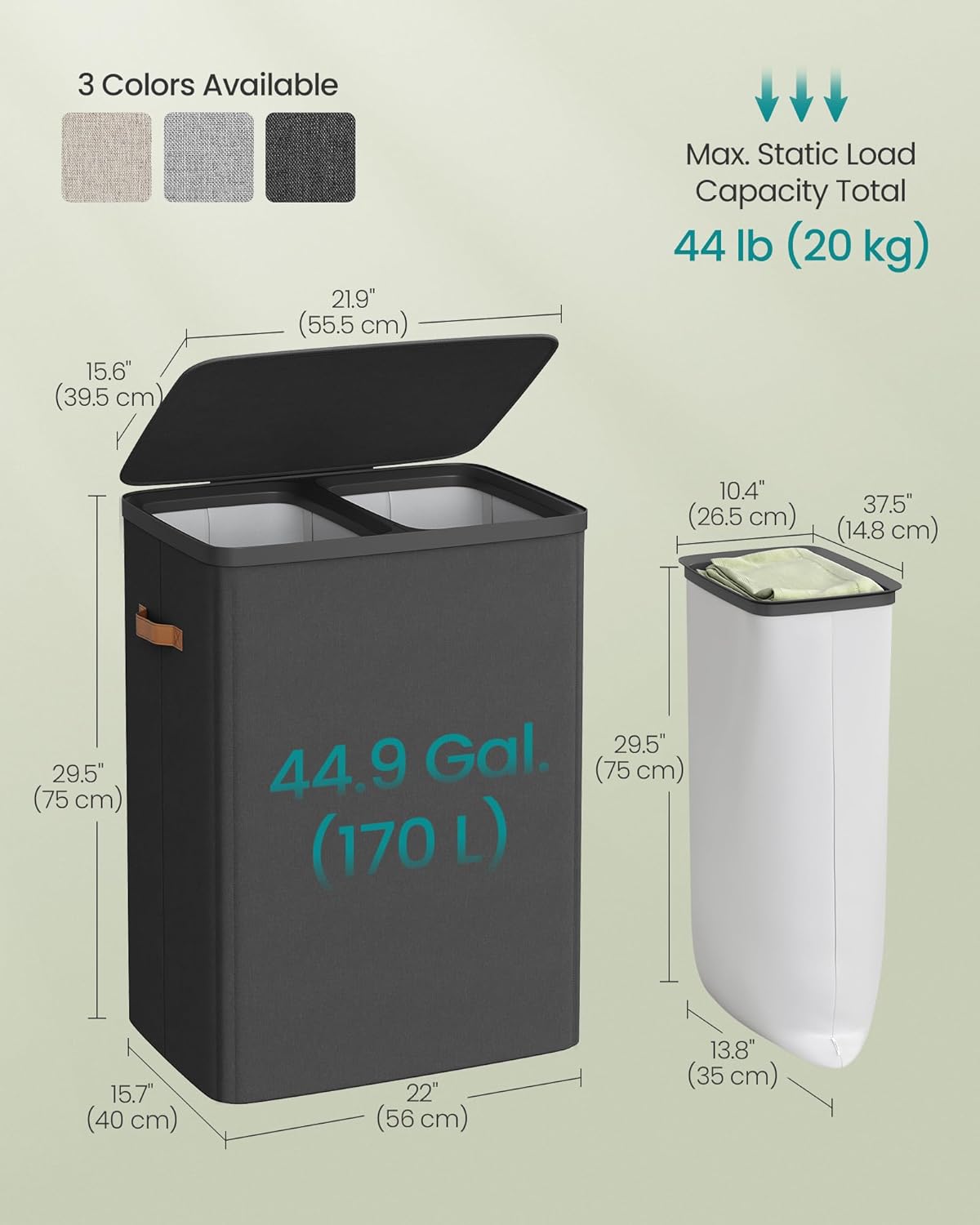 Košara za rublje s 2 odjeljka 170 L, 56x40x75 cm, crna