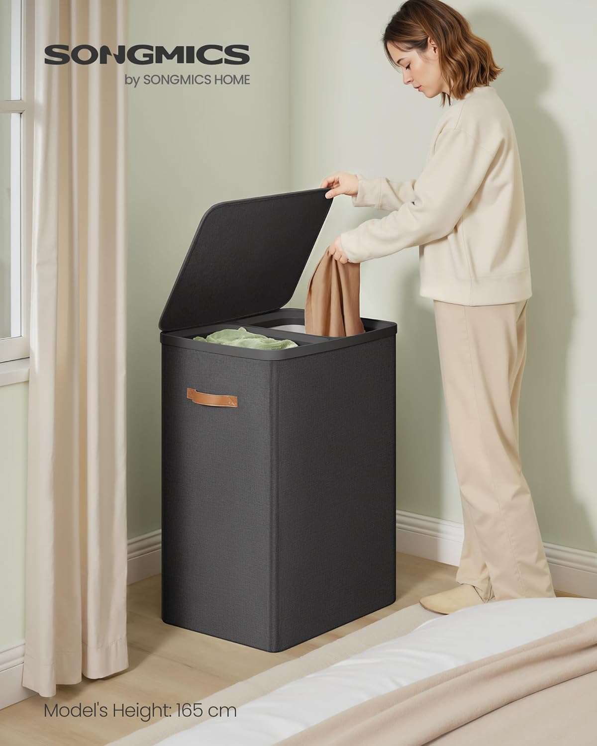 Košara za rublje s 2 odjeljka 170 L, 56x40x75 cm, crna