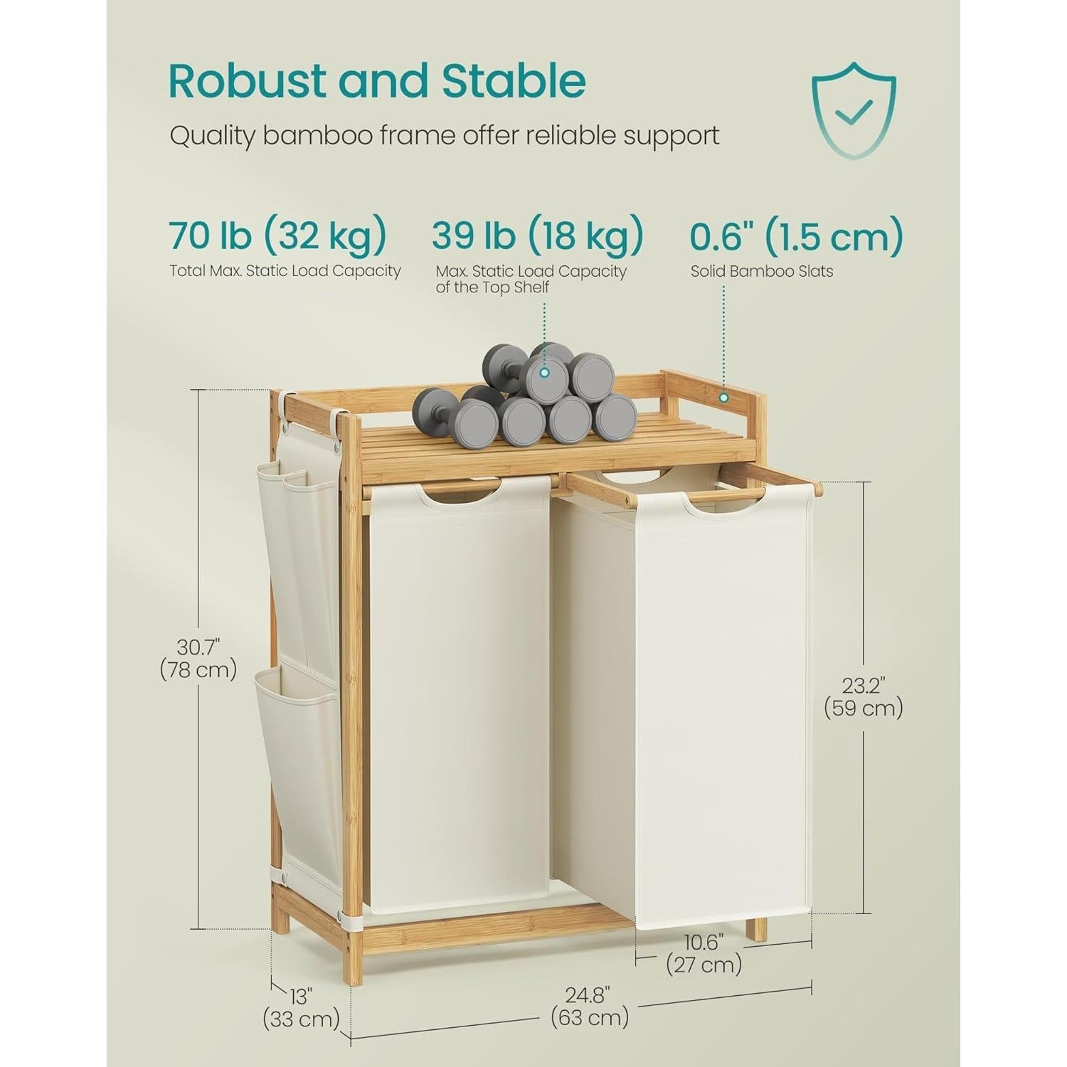 Košara za rublje s 2 pregrade, kapacitet 100l, 63 x 33 x 78 cm, krem bijela-SONGMICS-Vita Home