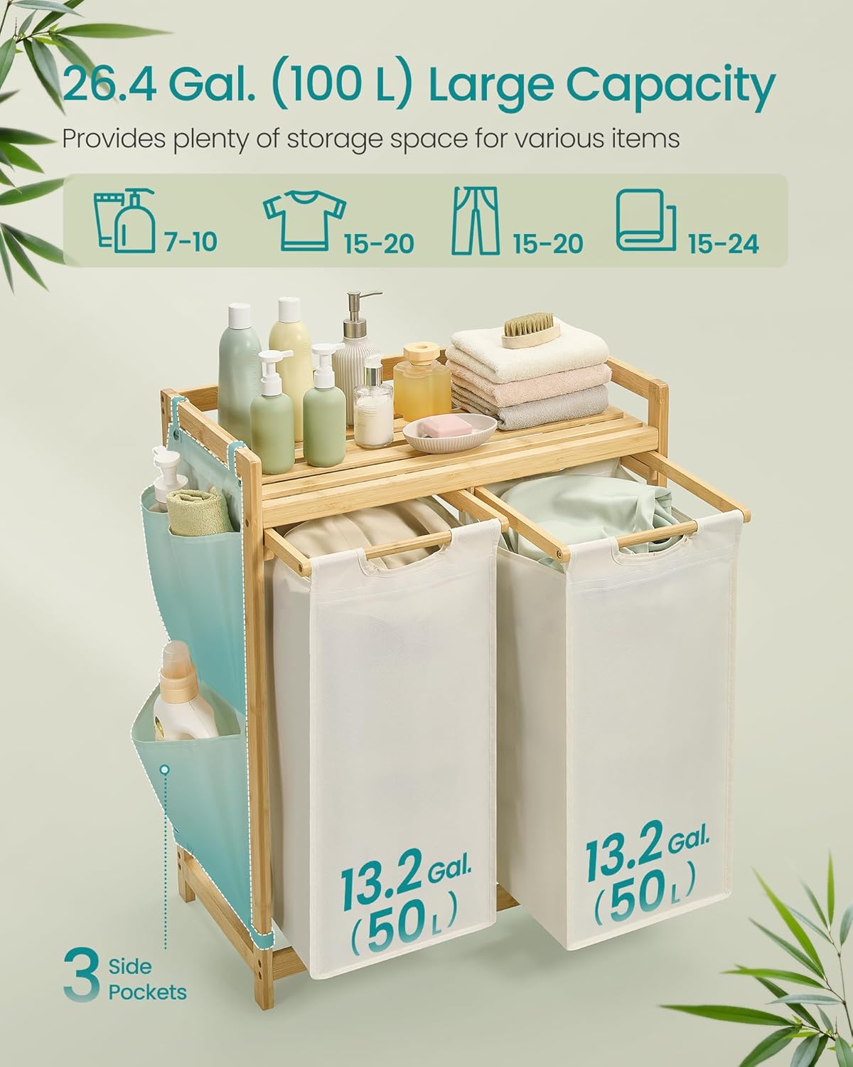 Košara za rublje s 2 pregrade, kapacitet 100l, 63 x 33 x 78 cm, krem bijela-SONGMICS-Vita Home