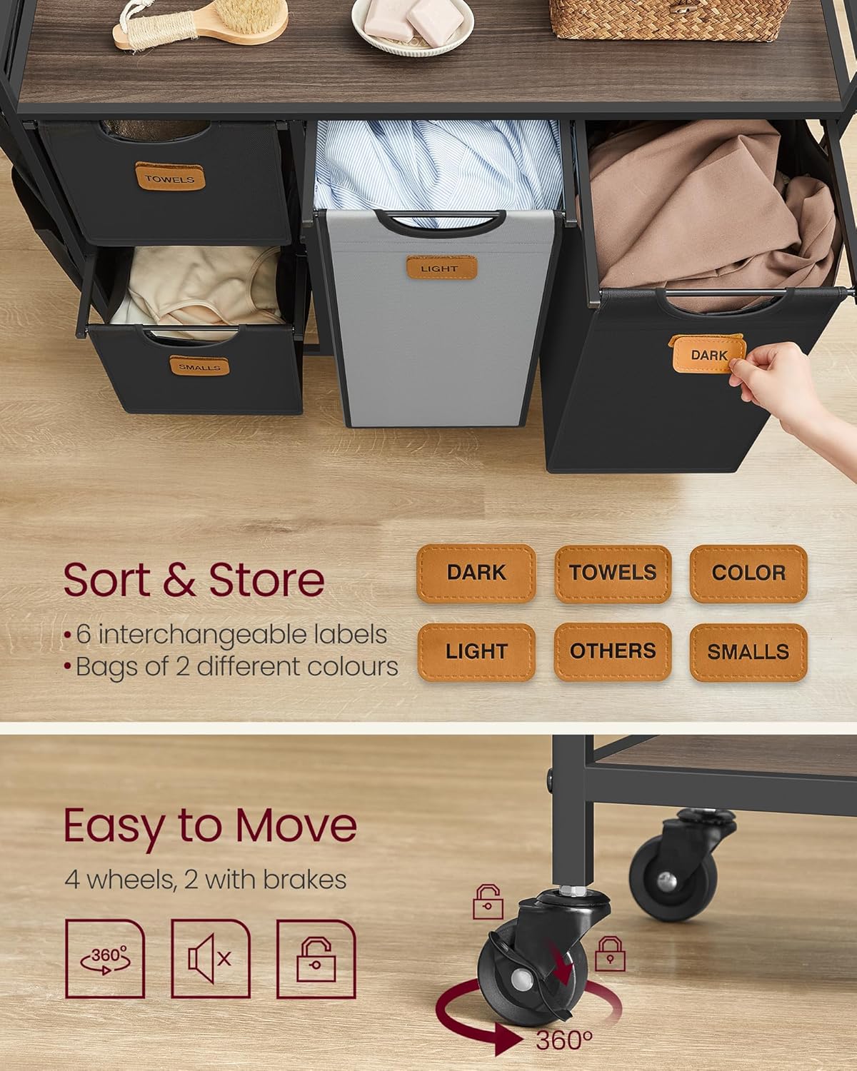 Košara za rublje s 4 odjeljka – 98,6 x 33 x 80,5 cm, smeđa, crna i siva | VASAGLE-VASAGLE-Vita Home