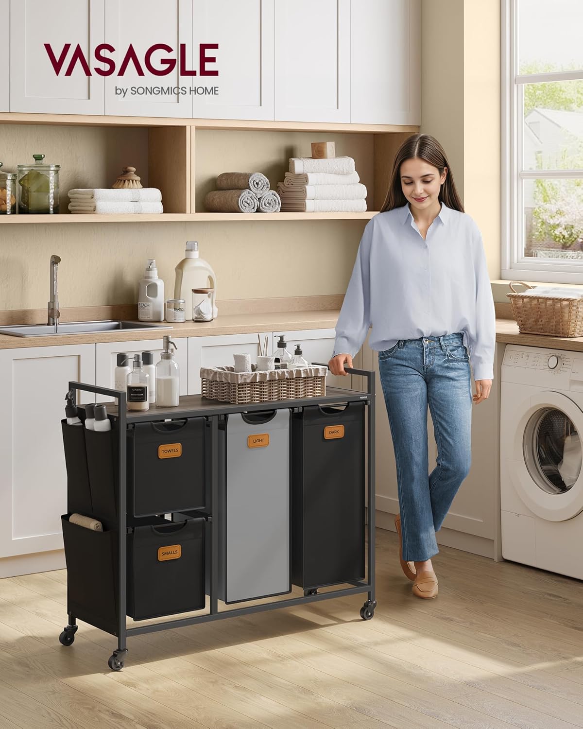 Košara za rublje s 4 odjeljka – 98,6 x 33 x 80,5 cm, smeđa, crna i siva | VASAGLE-VASAGLE-Vita Home