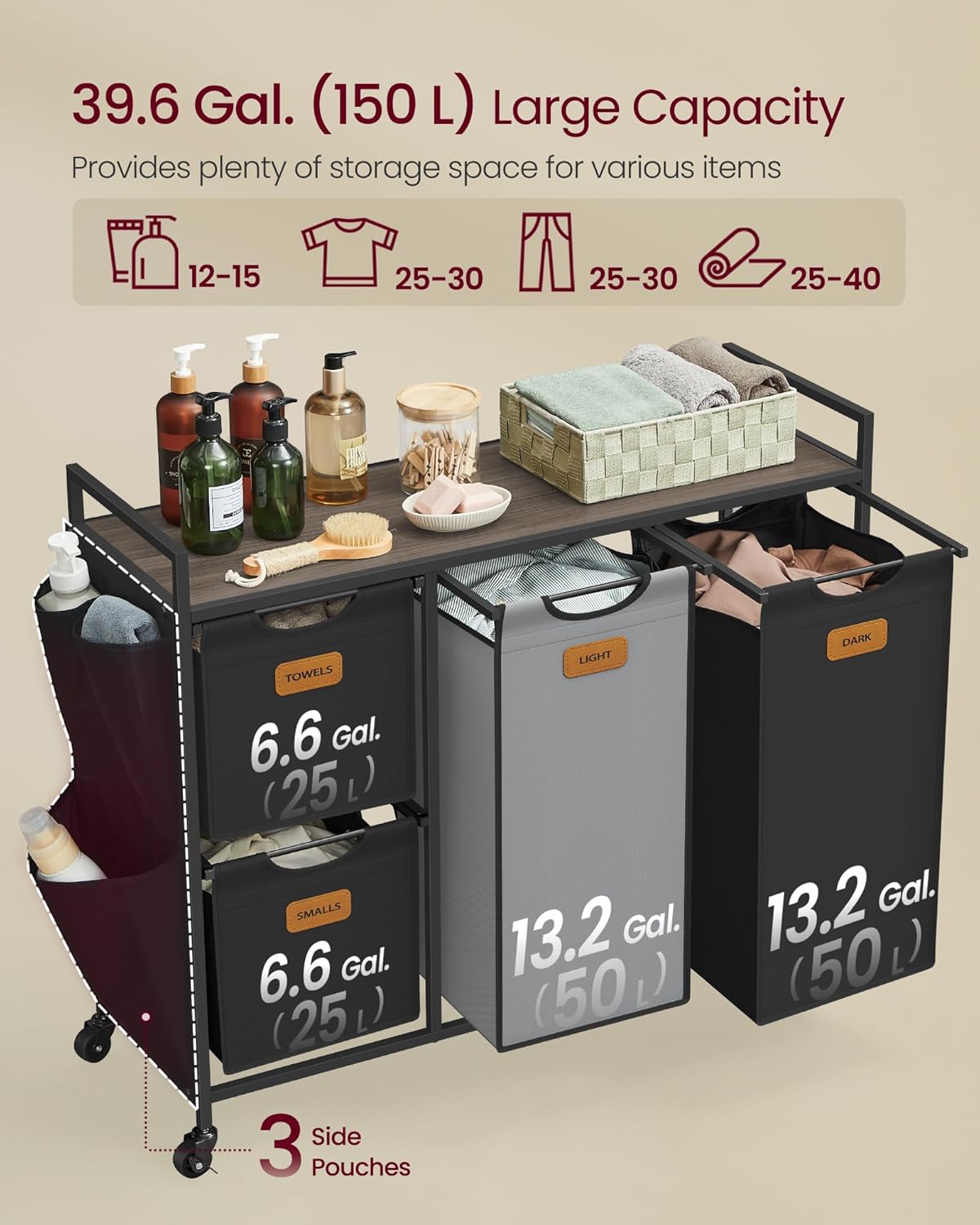 Košara za rublje s 4 odjeljka – 98,6 x 33 x 80,5 cm, smeđa, crna i siva | VASAGLE-VASAGLE-Vita Home