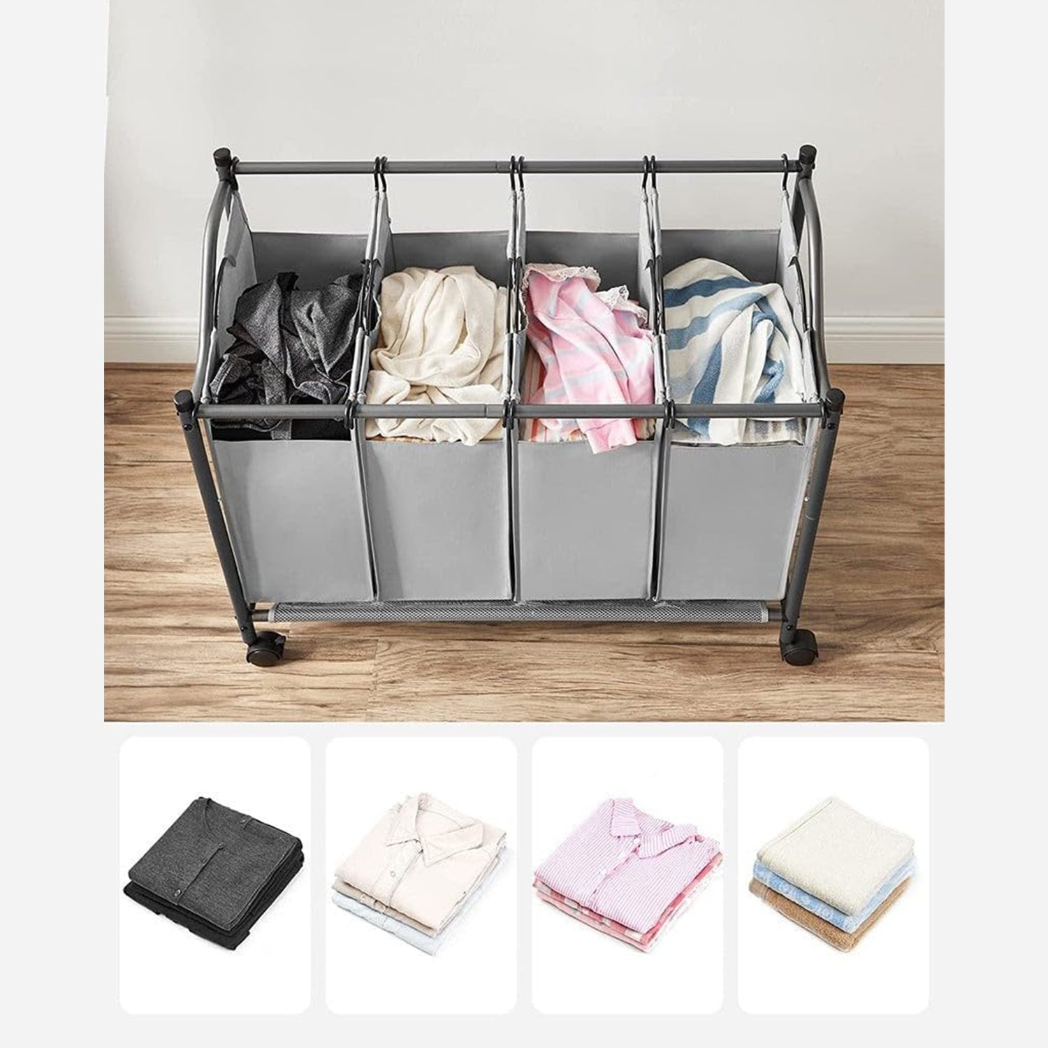 Košara za rublje s kotačima, 4 vreće koje se mogu izvaditi, 4 x 35L, siva | SONGMICS-vitahome.hr