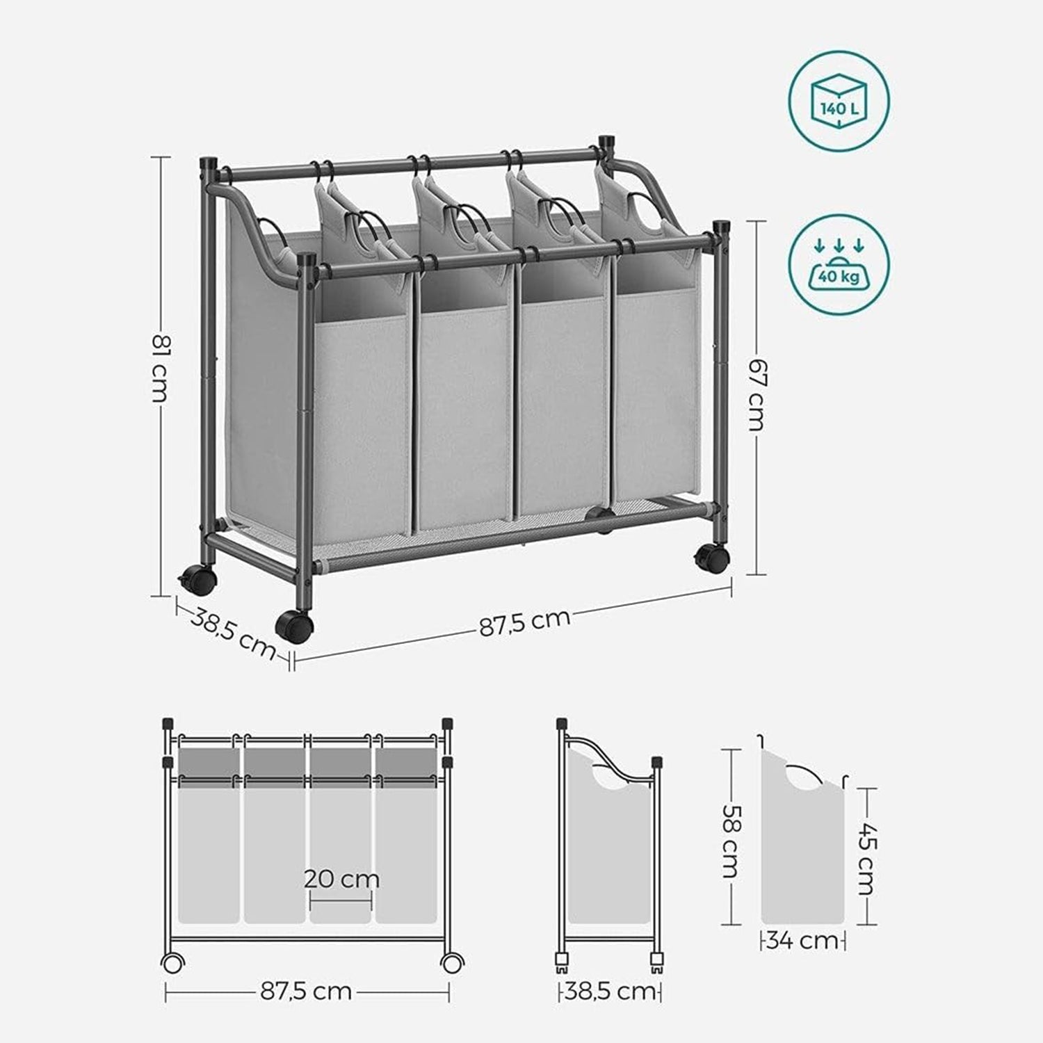 Košara za rublje s kotačima, 4 vreće koje se mogu izvaditi, 4 x 35L, siva | SONGMICS-vitahome.hr