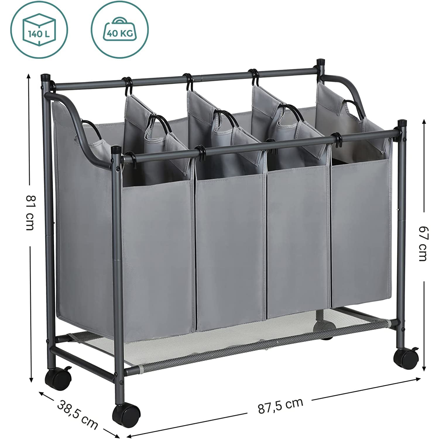 Košara za rublje s kotačima, 4 vreće koje se mogu izvaditi, 4 x 35L, siva | SONGMICS-vitahome.hr