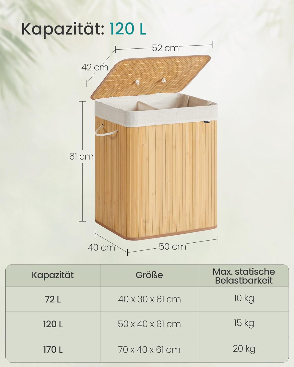 Košara za rublje s poklopcem, 2 pregrade, 120 litara, bambusova, prirodna