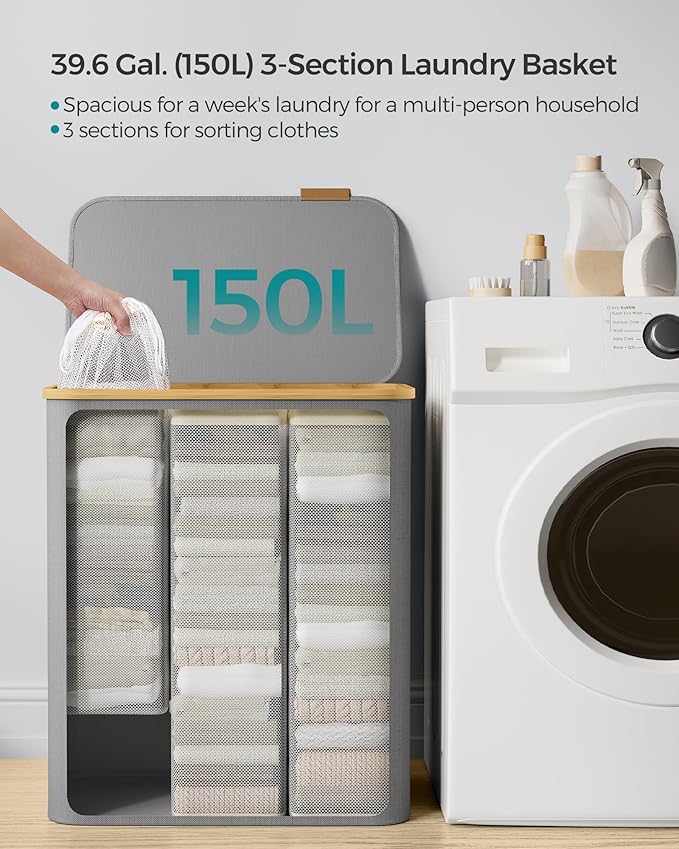 Košara za rublje s poklopcem, 3 odjeljka, 150 L, odvojiva vreća, 60 x 38,5 x 70,5 cm, siva