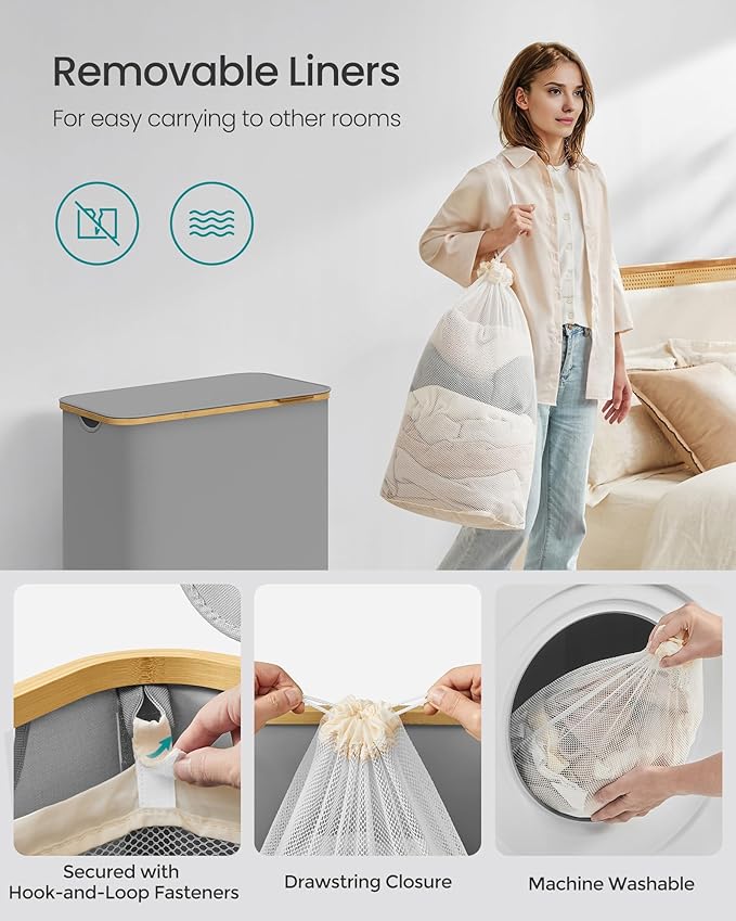 Košara za rublje s poklopcem, 3 odjeljka, 150 L, odvojiva vreća, 60 x 38,5 x 70,5 cm, siva