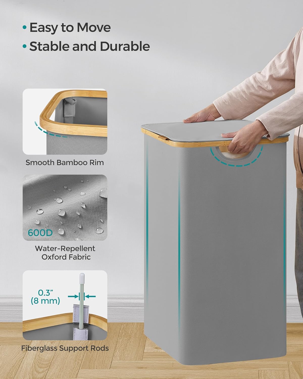 Košara za rublje s poklopcem, 3 odjeljka, 150 L, odvojiva vreća, 60 x 38,5 x 70,5 cm, siva