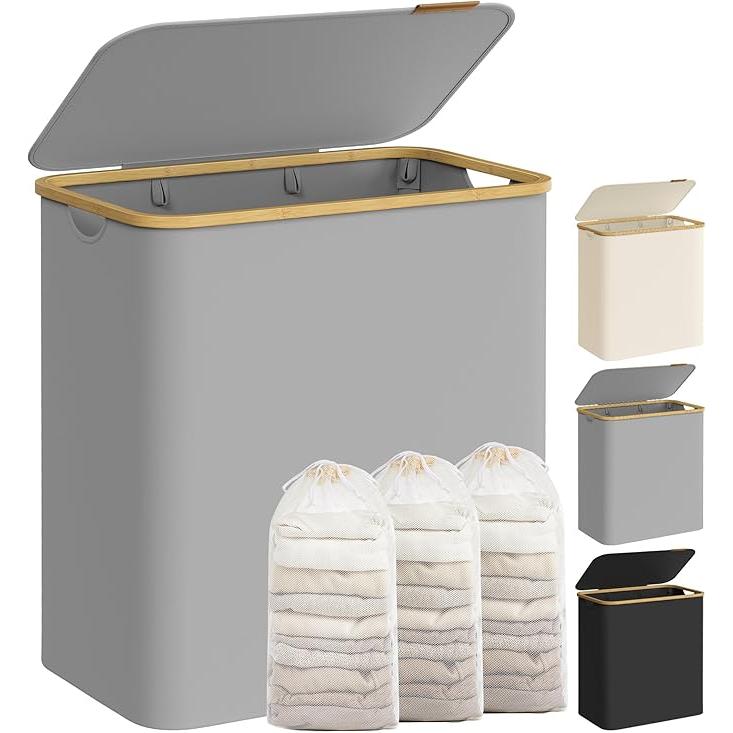 Košara za rublje s poklopcem, 3 odjeljka, 150 L, odvojiva vreća, 60 x 38,5 x 70,5 cm, siva