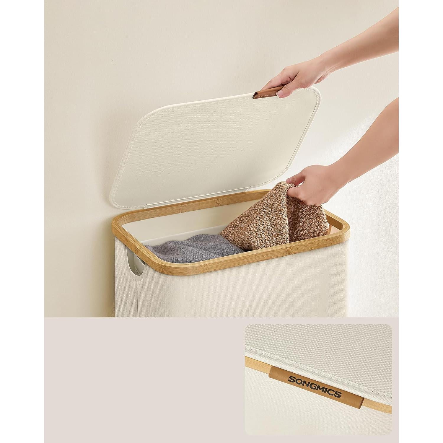 Košara za rublje s poklopcem, kapaciteta 90l, 42 x 32 x 70,5 cm, krem bijela | SONGMICS-vitahome.hr