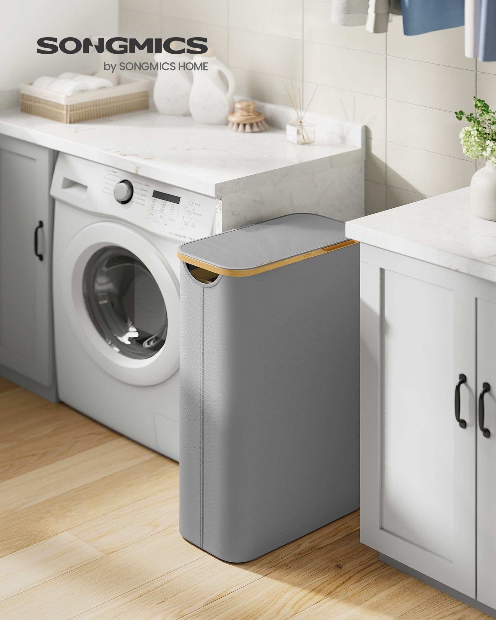 Košara za rublje s poklopcem, uska košara 65 L, 42 x 22,5 x 70,5 cm, golublje siva