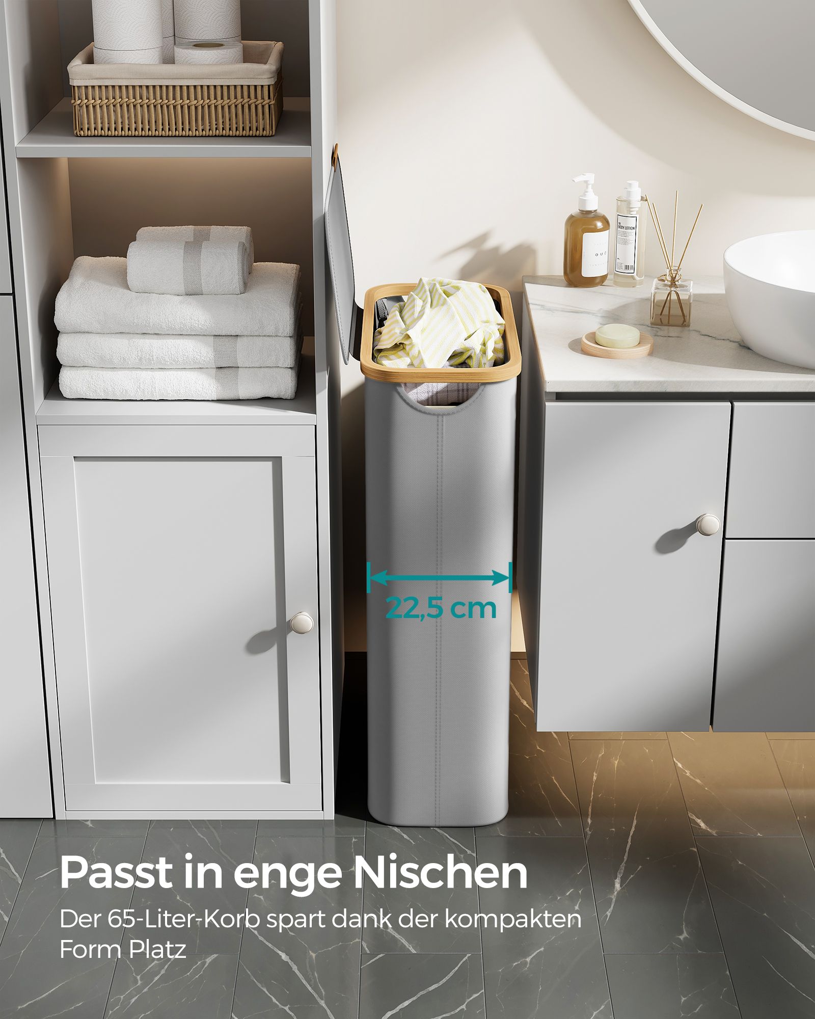 Košara za rublje s poklopcem, uska košara 65 L, 42 x 22,5 x 70,5 cm, golublje siva