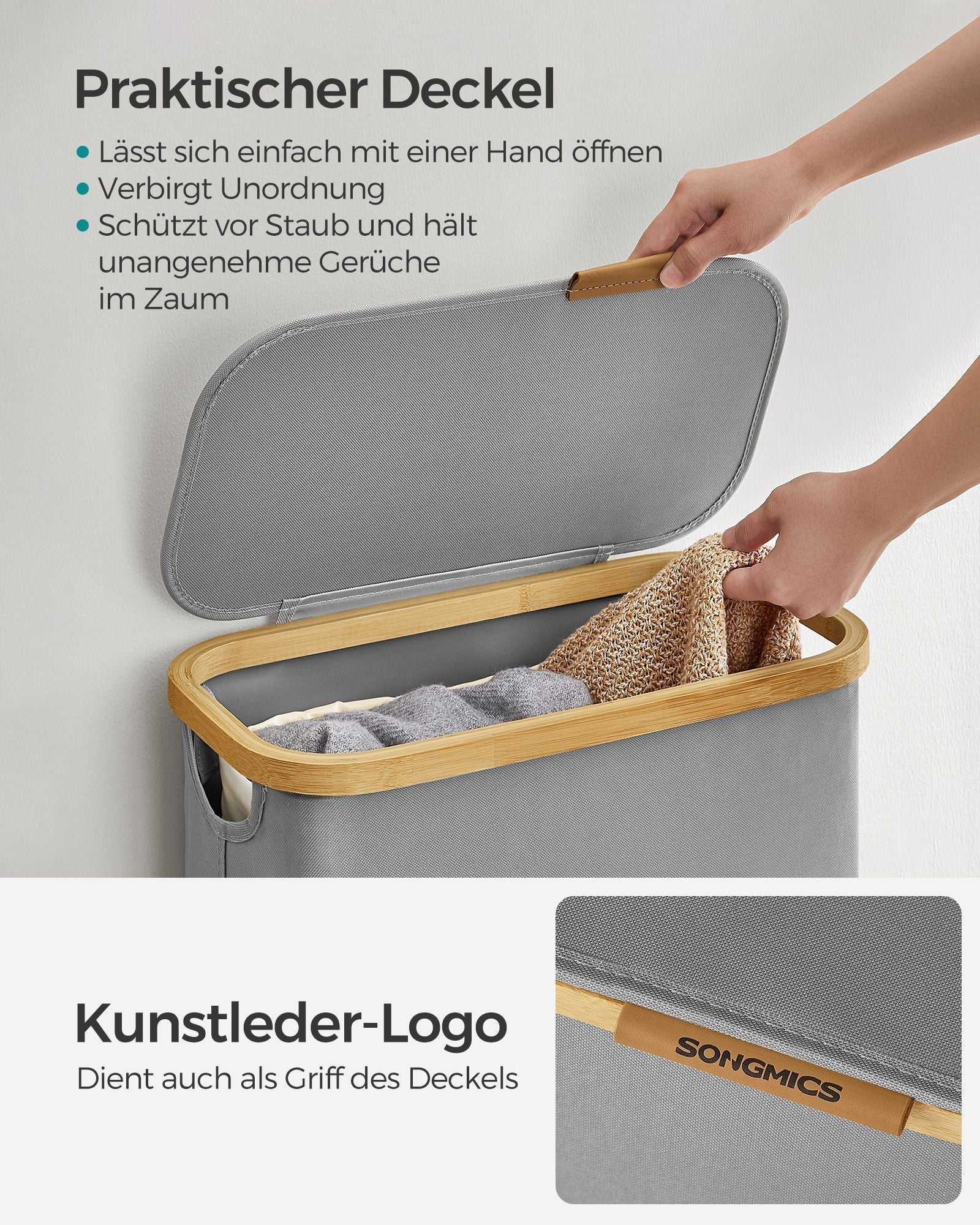 Košara za rublje s poklopcem, uska košara 65 L, 42 x 22,5 x 70,5 cm, golublje siva