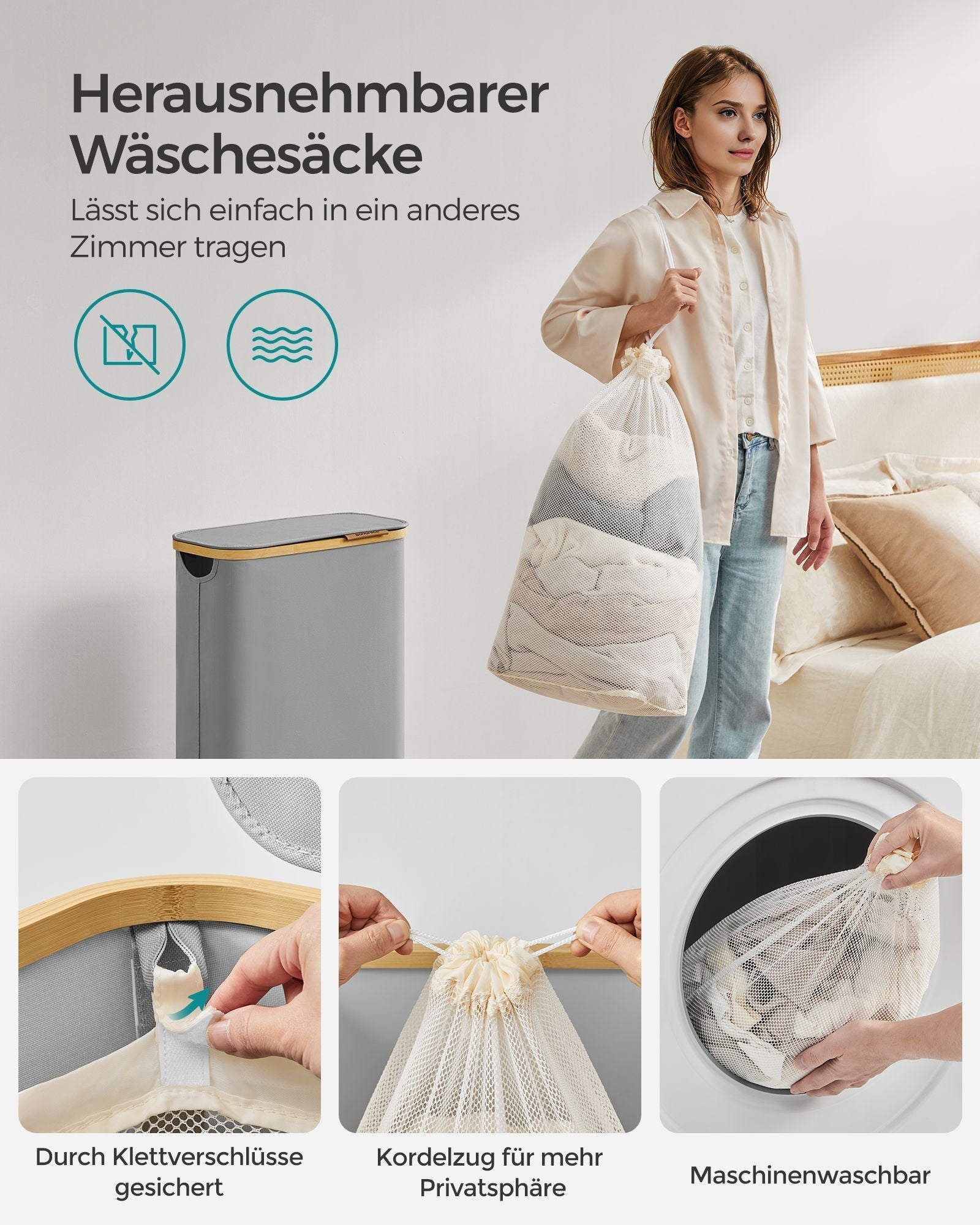 Košara za rublje s poklopcem, uska košara 65 L, 42 x 22,5 x 70,5 cm, golublje siva