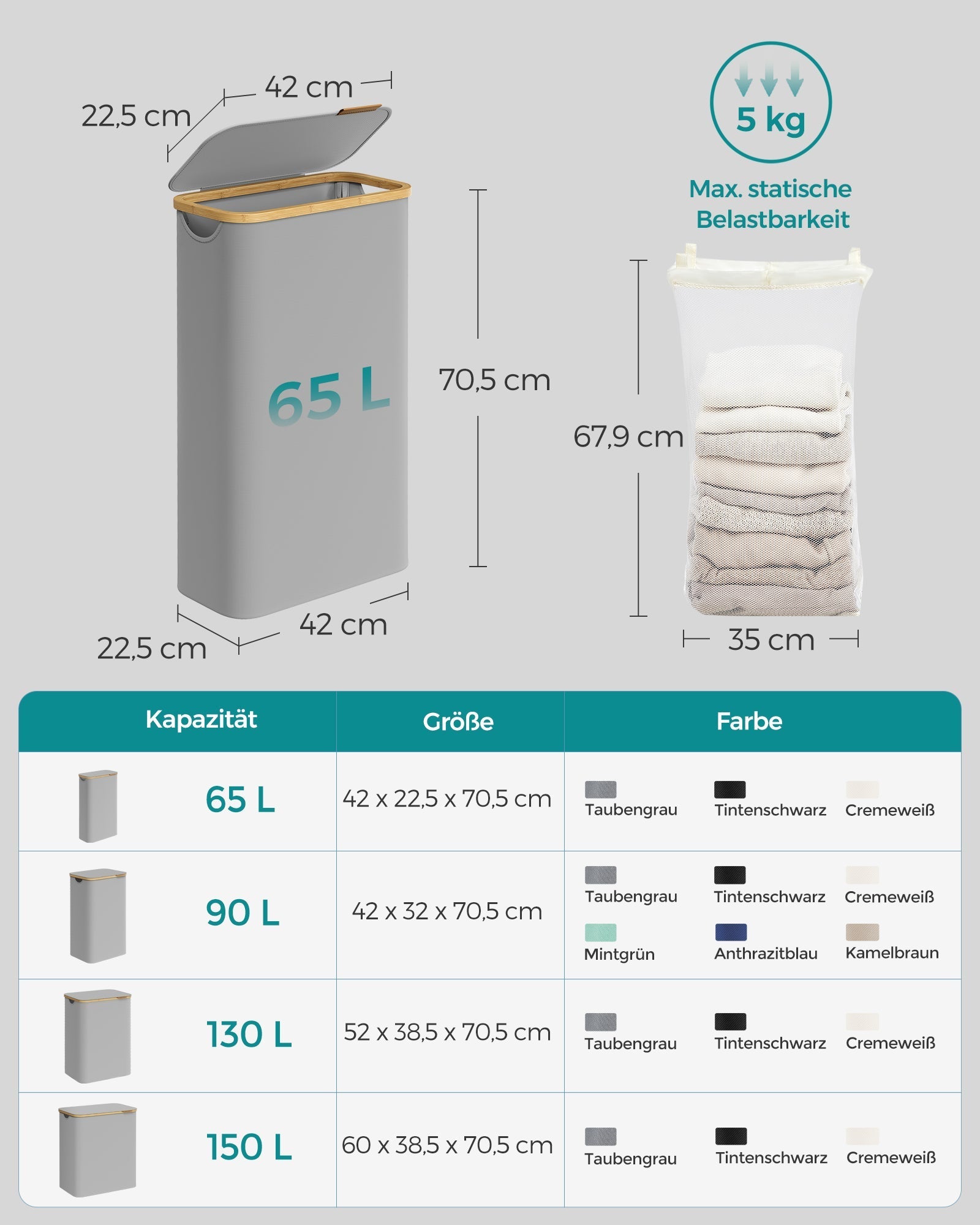 Košara za rublje s poklopcem, uska košara 65 L, 42 x 22,5 x 70,5 cm, golublje siva