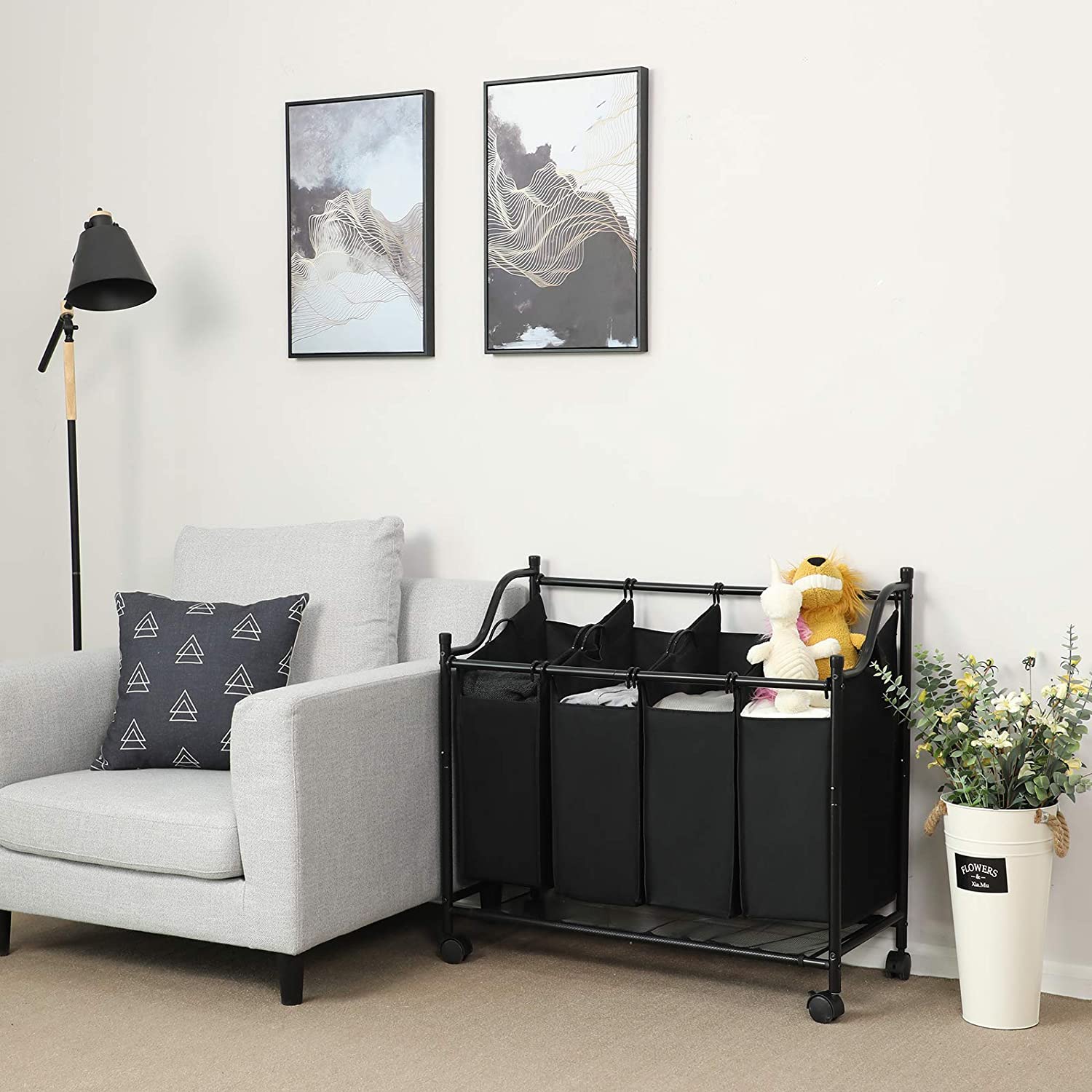 Košara za rublje, sakupljač rublja s 4 odvojive platnene vrećice, crna | SONGMICS-vitahome.hr