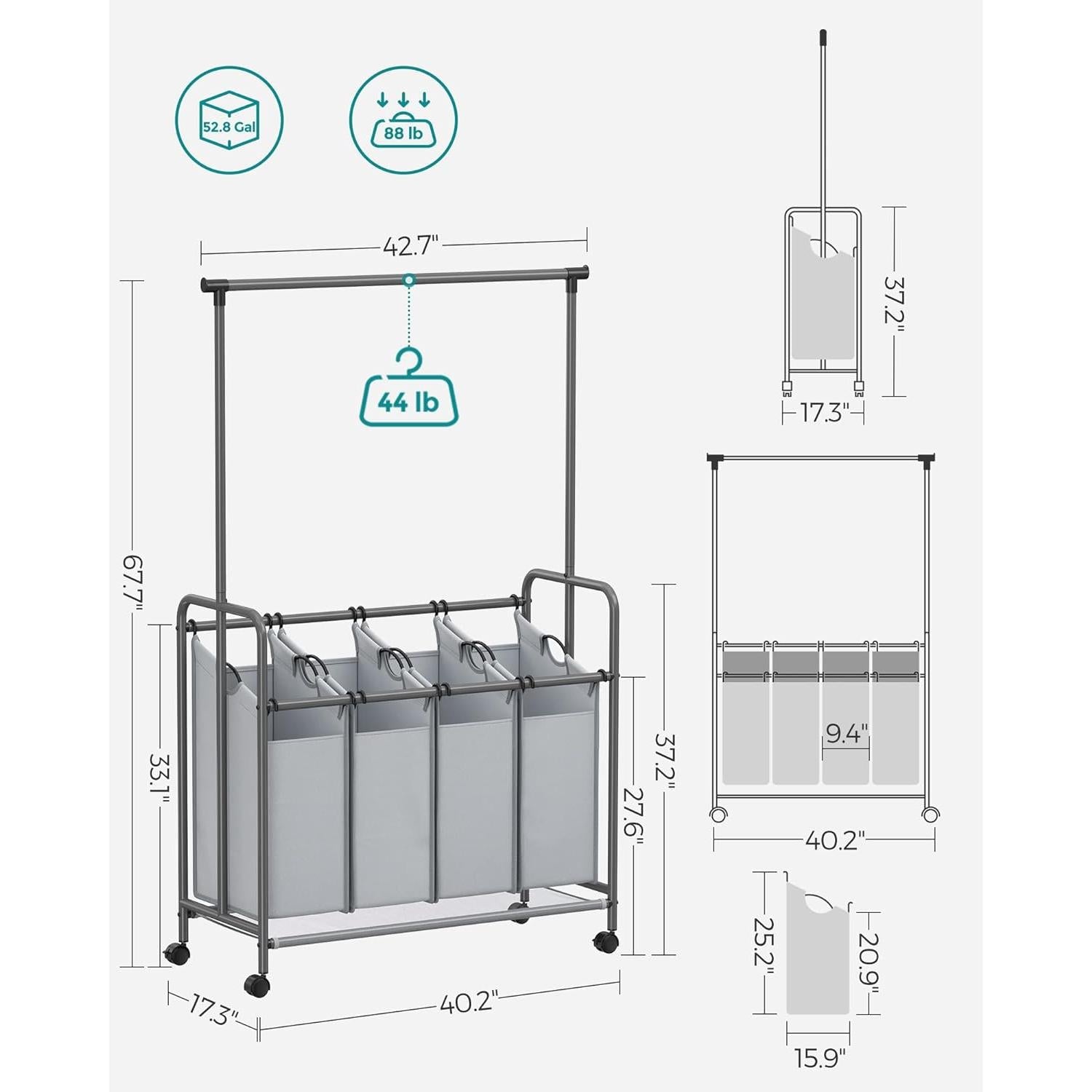 Košara za sortiranje rublja s 4 odjeljka i vješalicom, kapacitet 200l, siva | SONGMICS-vitahome.hr