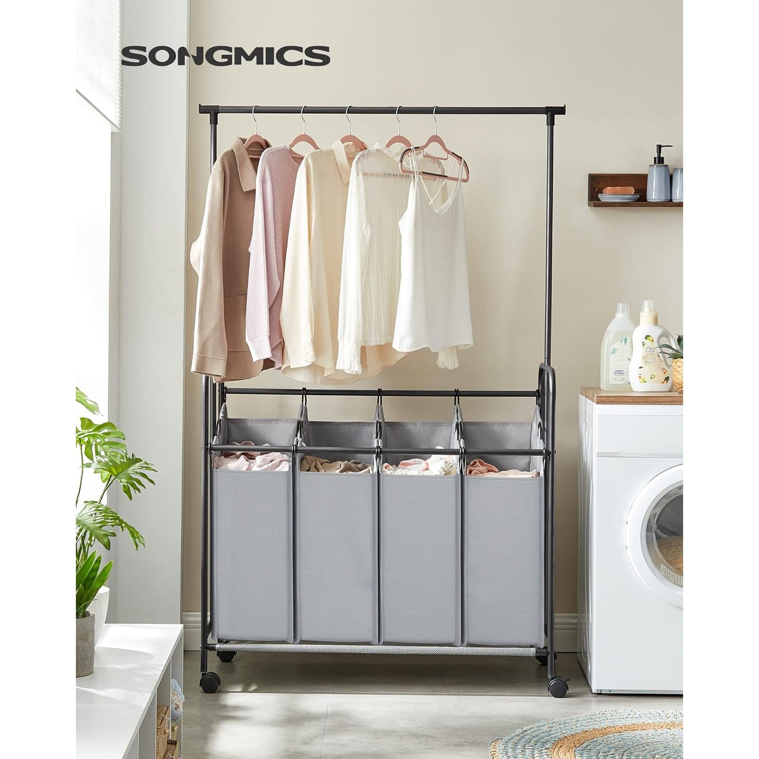 Košara za sortiranje rublja s 4 odjeljka i vješalicom, kapacitet 200l, siva | SONGMICS-vitahome.hr