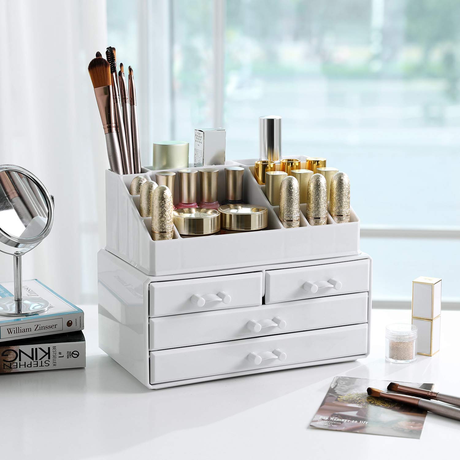 kozmetički organizator, spremište šminke s 4 ladice, 24 x 18,5, x 13,5 cm, bijela | SONGMICS-vitahome.hr