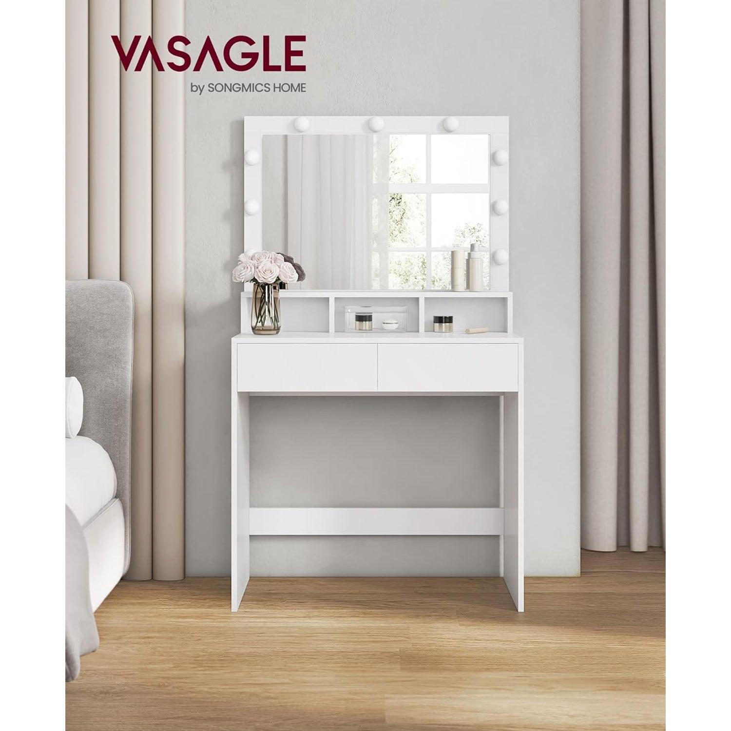 Kozmetički stol s ogledalom, 9 LED žarulja, 2 ladice i 3 otvorena pretinca, bijeli | VASAGLE-vitahome.hr