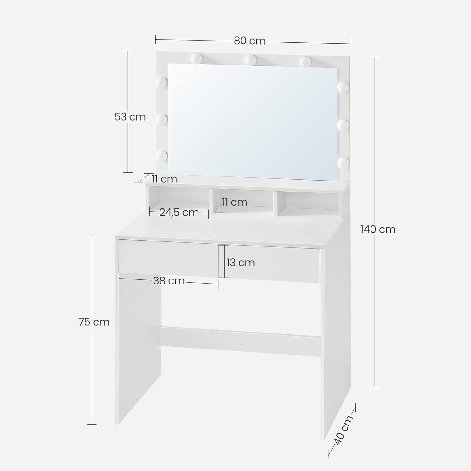 Kozmetički stol s ogledalom, 9 LED žarulja, 2 ladice i 3 otvorena pretinca, bijeli | VASAGLE-vitahome.hr