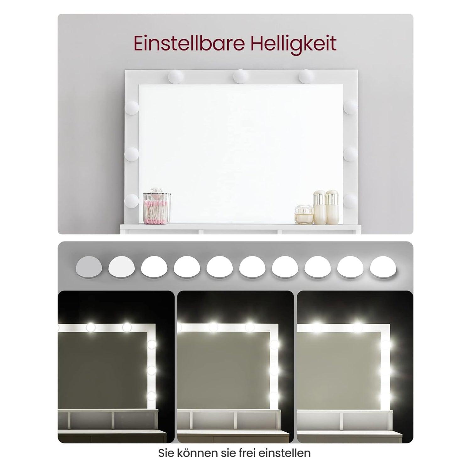 Kozmetički stol s ogledalom, 9 LED žarulja, 2 ladice i 3 otvorena pretinca, bijeli | VASAGLE-vitahome.hr